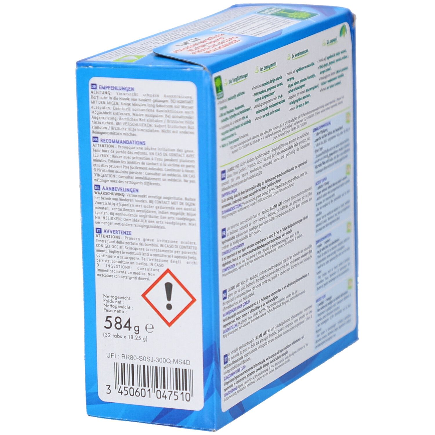 Dos de l'emballage. Avertissement, ingrédients, poids 584g, 32 tablettes. L'ARBRE VERT tablettes lave-vaisselle.