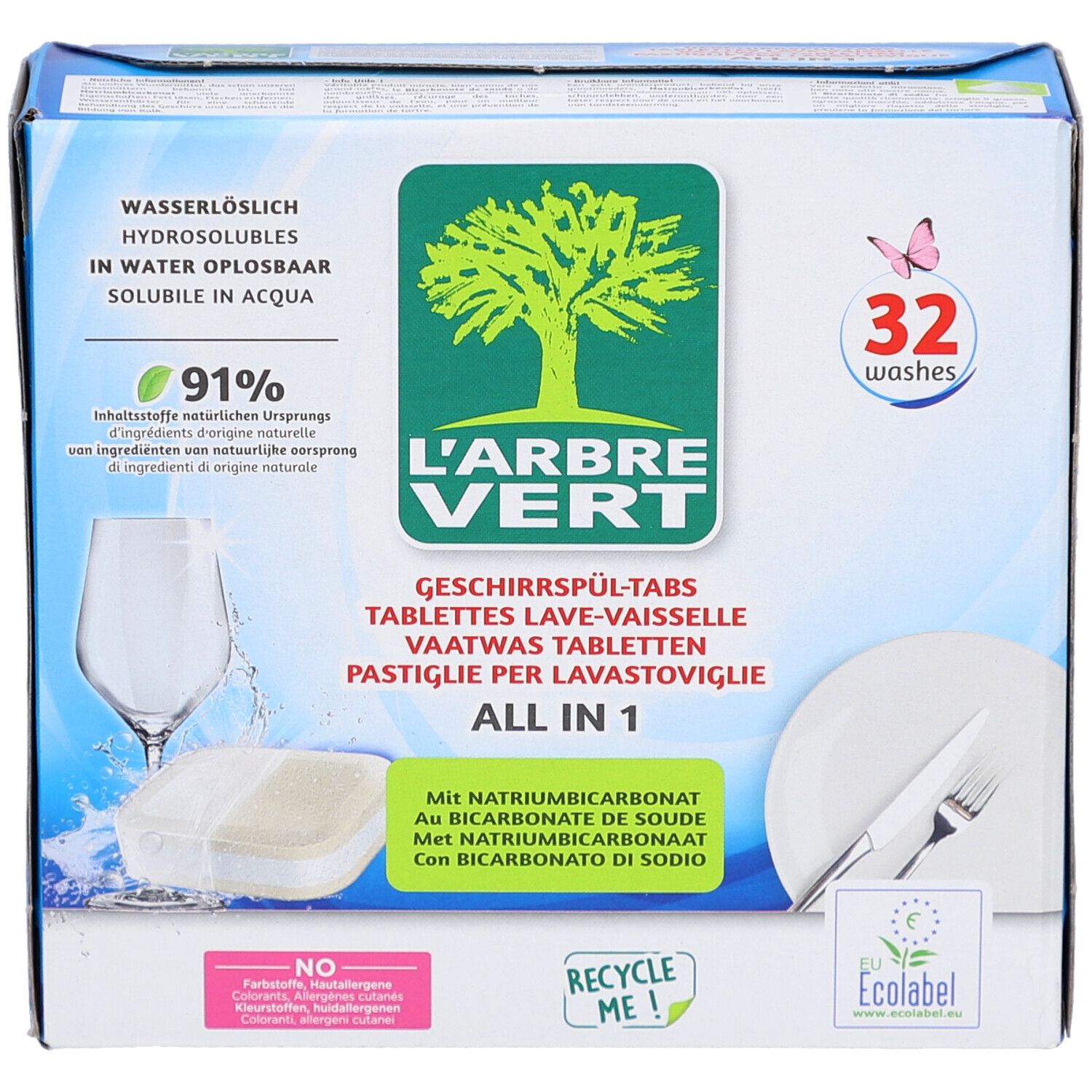 Boîte de tablettes lave-vaisselle L'ARBRE VERT, 32. Verre, assiette, couverts illustrés. Avec bicarbonate de soude.