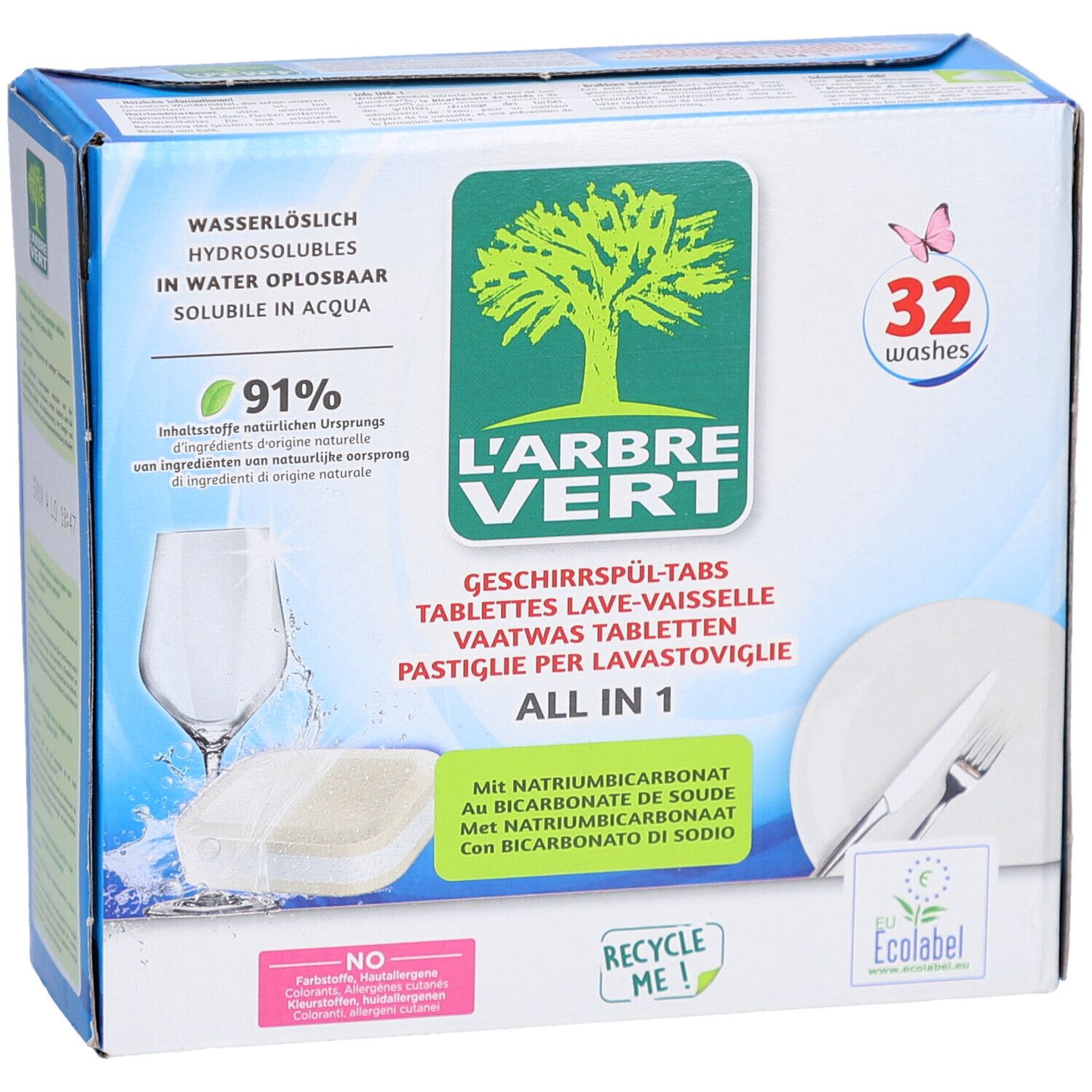 Boîte de tablettes lave-vaisselle L'ARBRE VERT, 32. Verre, assiette, couverts illustrés. Avec bicarbonate de soude.
