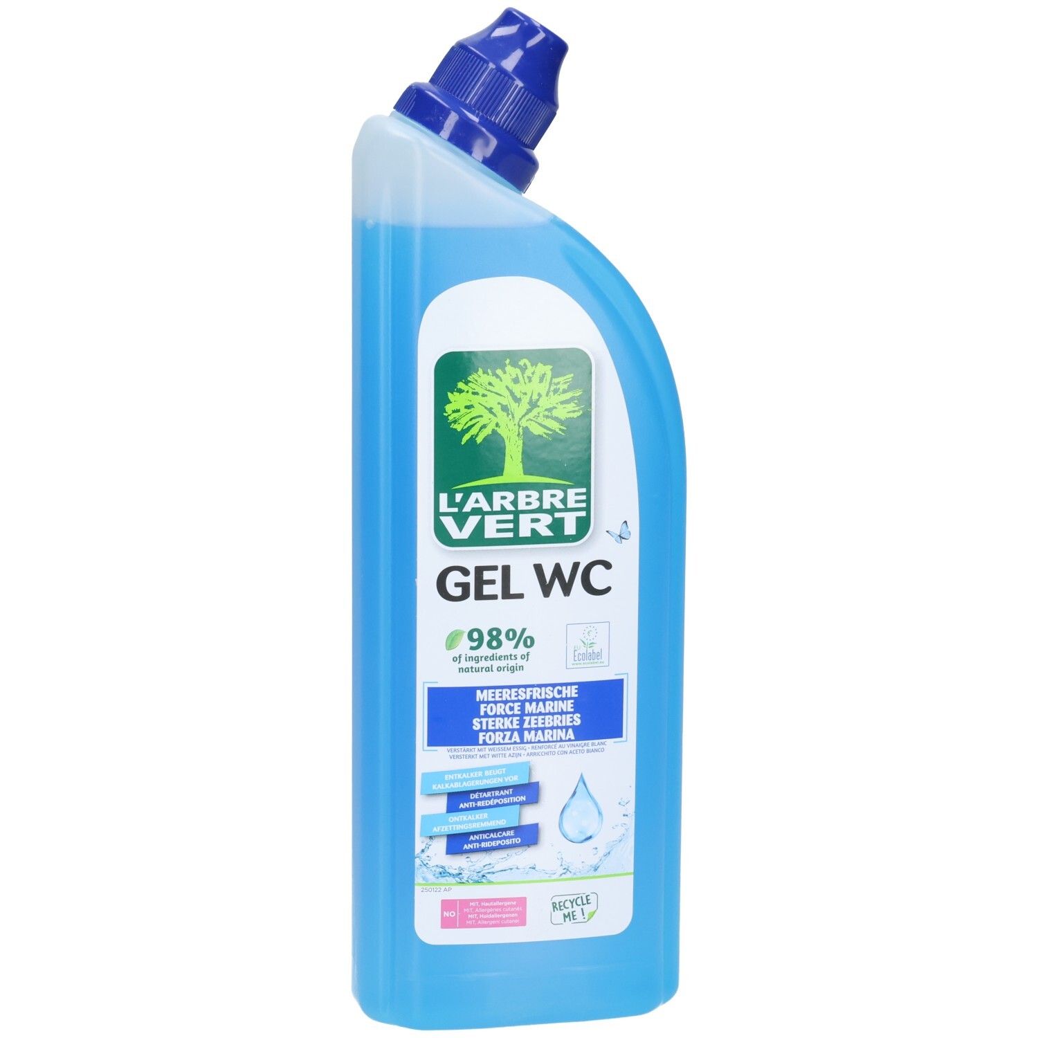 Gel WC bleu L'Arbre Vert, parfum marin. Flacon en plastique. Ingrédients d'origine naturelle.