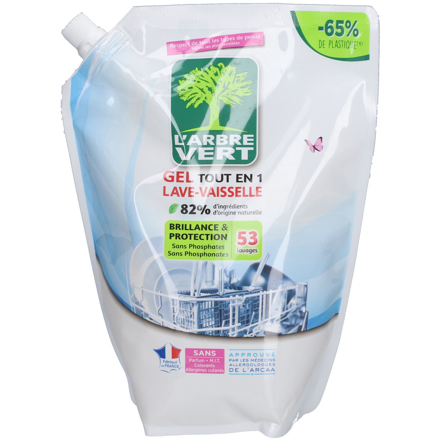 Recharge de gel lave-vaisselle L'ARBRE VERT. Emballage transparent avec logo et texte. Contient 53 lavages.