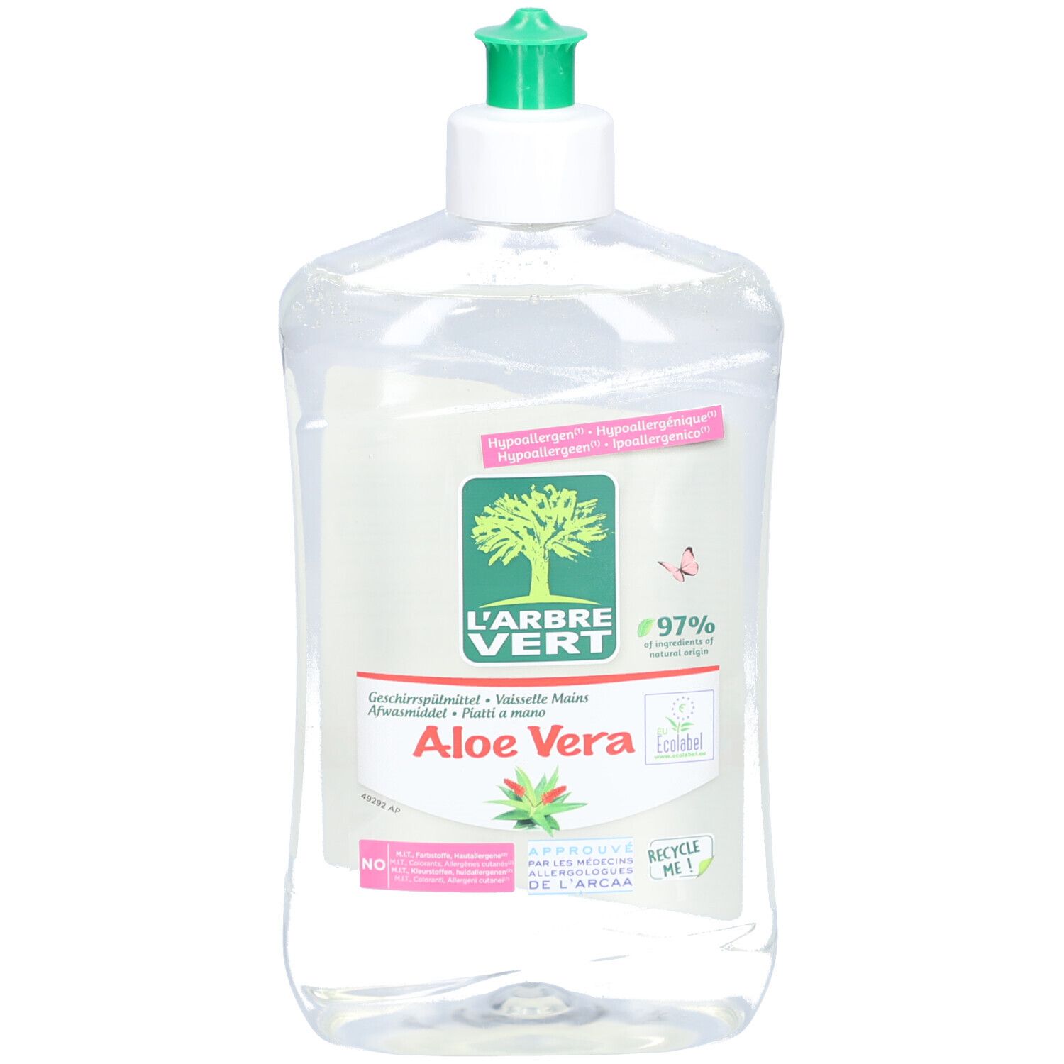 Flacon transparent avec bouchon vert. Étiquette avec logo, texte et image d'Aloe Vera. Certification écologique.