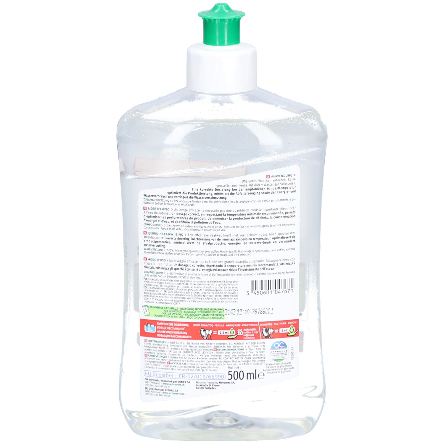 Dos du flacon. Texte multilingue. Certification écologique et informations sur le contenu. Volume : 500 ml.