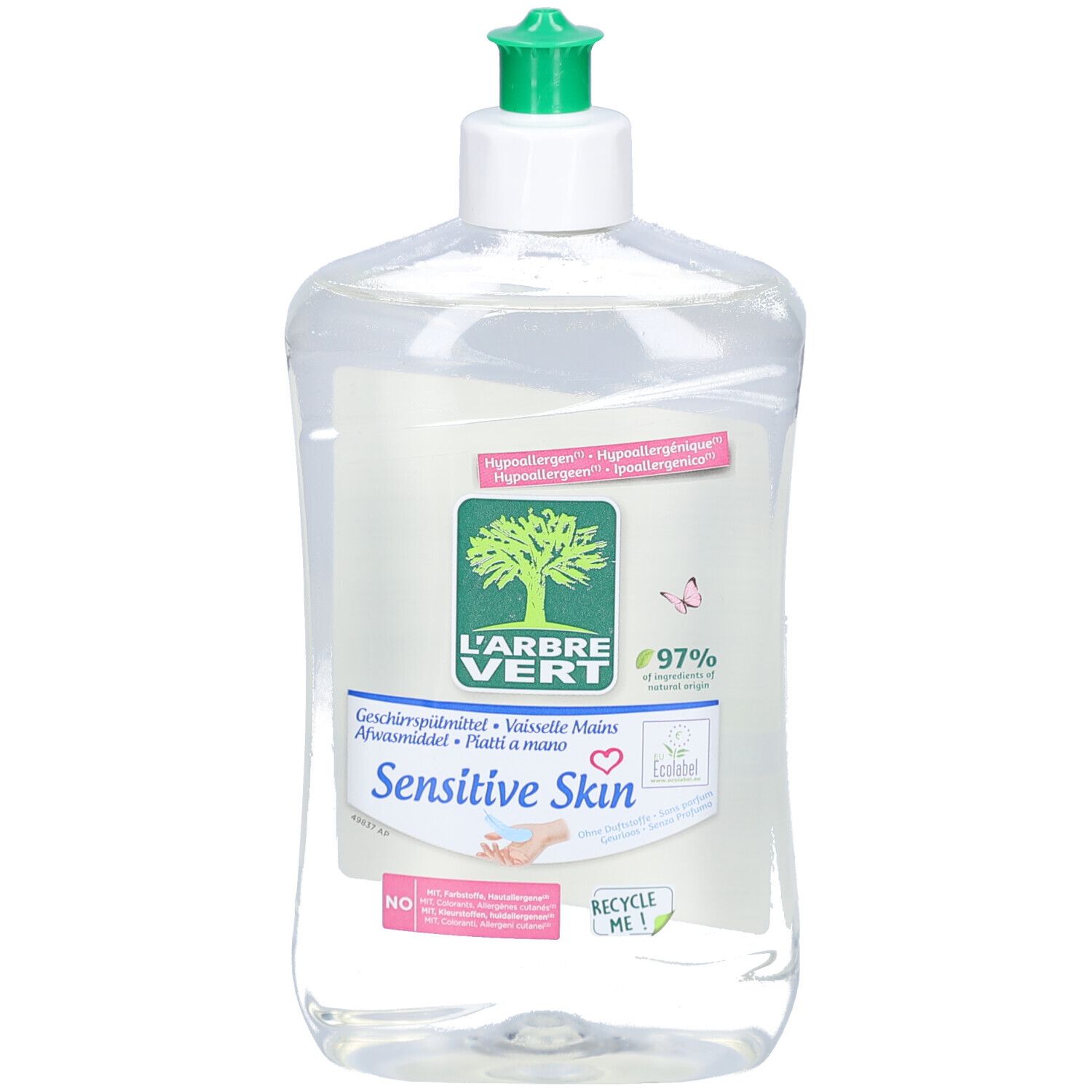 Flacon transparent avec bouchon vert. Inscription: L'ARBRE VERT, liquide vaisselle, Sensitive Skin. Certification Ecolabel.