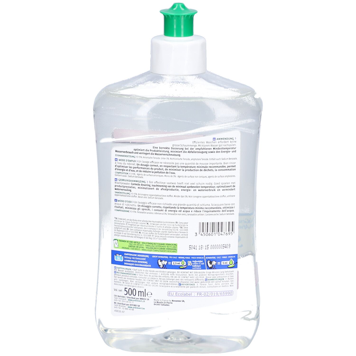 Dos d'un flacon transparent avec bouchon vert. Texte et informations sur le produit. Avec certification Ecolabel.