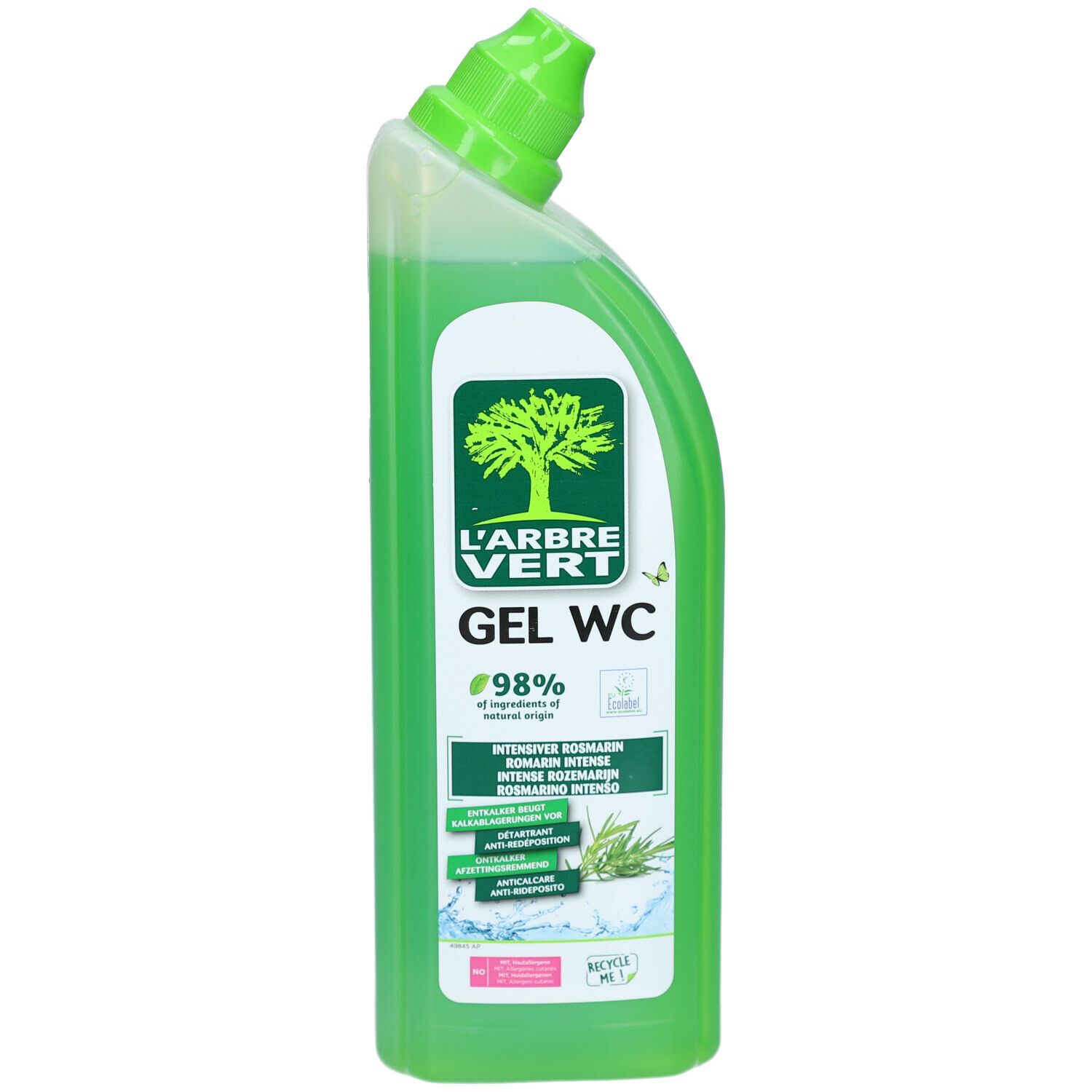 Flacon vert L'ARBRE VERT Gel WC. Bouchon vert. Étiquette avec logo, nom du produit et ingrédients. 98% ingrédients naturels.