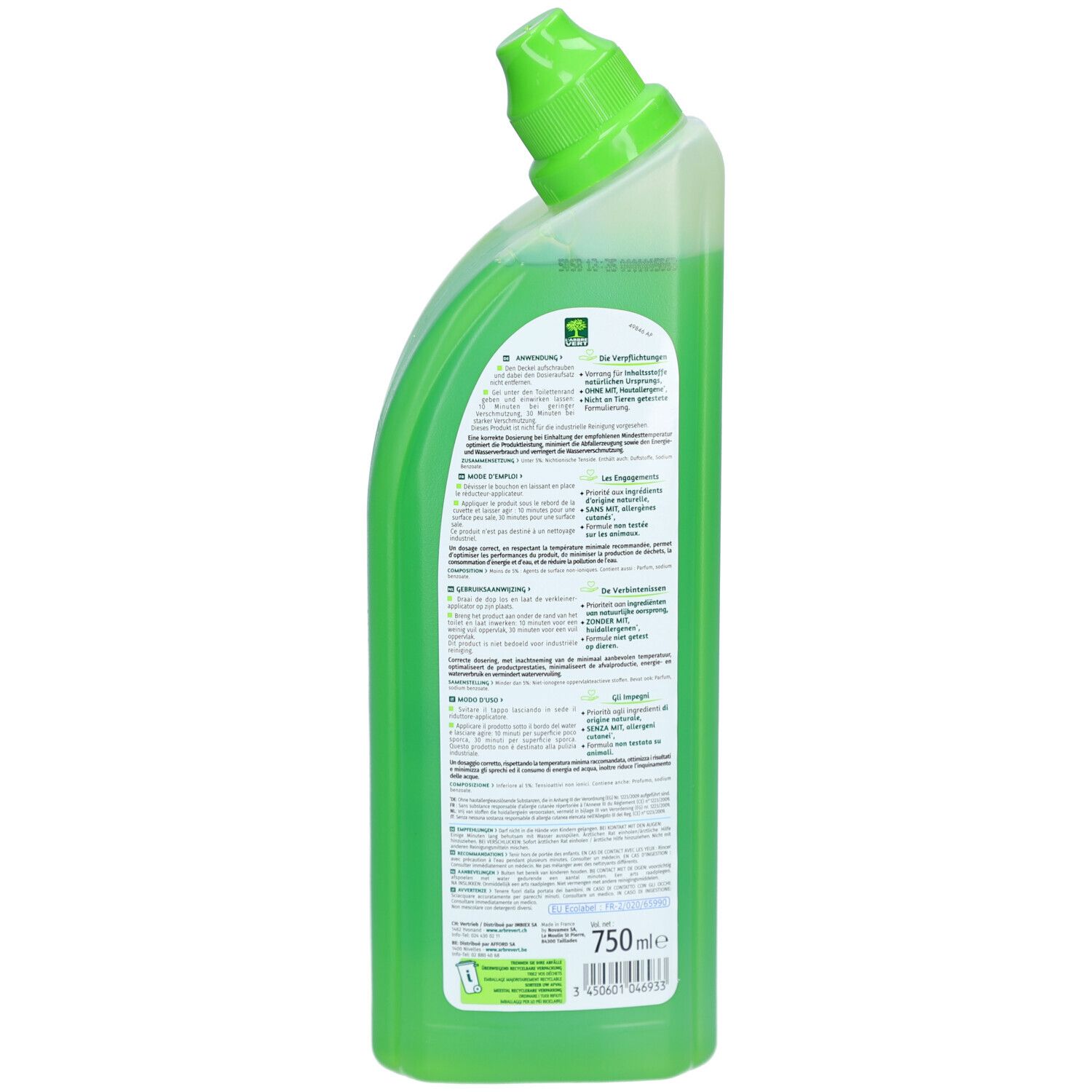 Dos du flacon vert L'ARBRE VERT Gel WC. Texte sur l'étiquette. Contient des informations sur les ingrédients et les certifications.