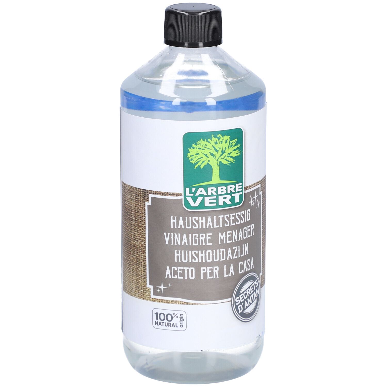 Bouteille transparente avec bouchon noir. Étiquette avec logo et texte: HAUSHALTSESSIG. 100% naturel.