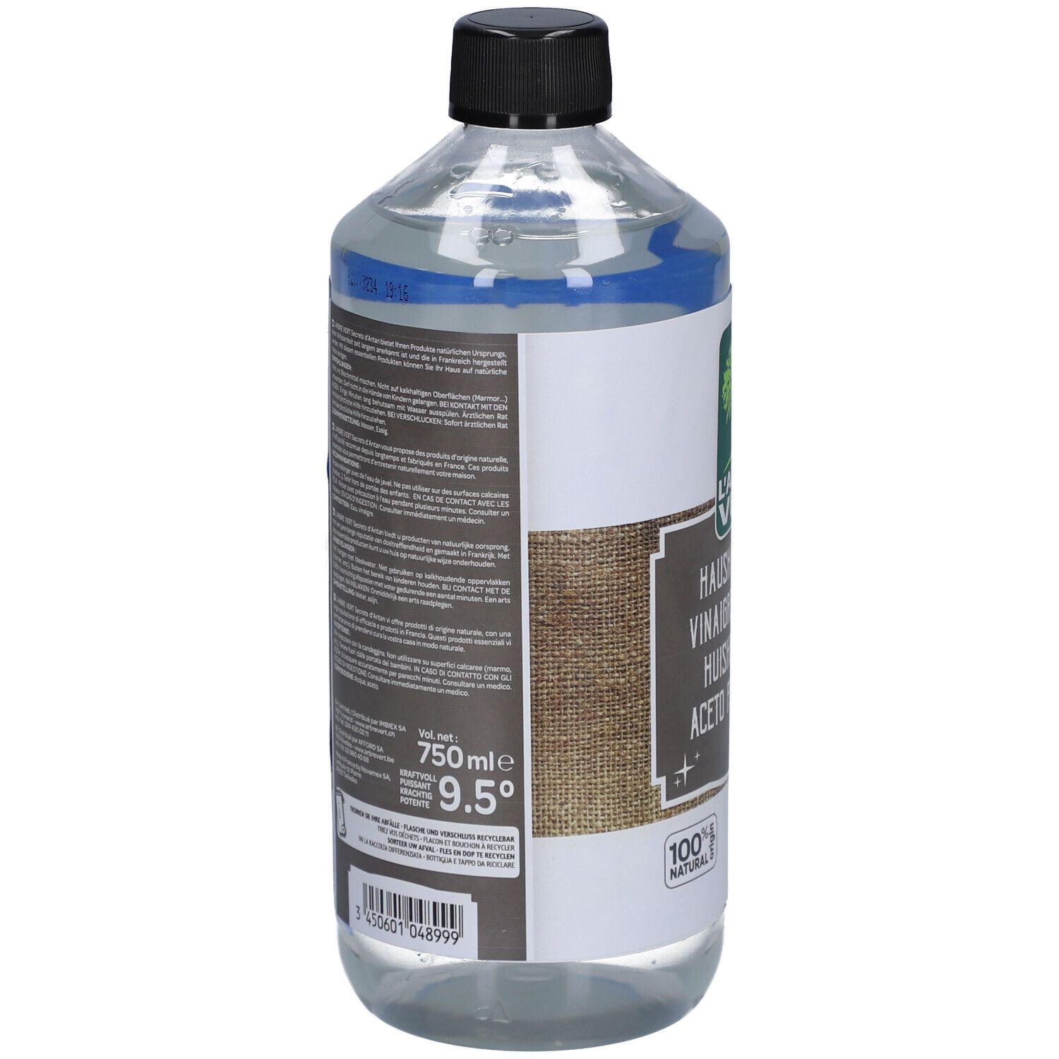 Vue arrière d'une bouteille transparente avec bouchon noir. Étiquette avec texte et code-barres. Volume: 750 ml, 9,5°.