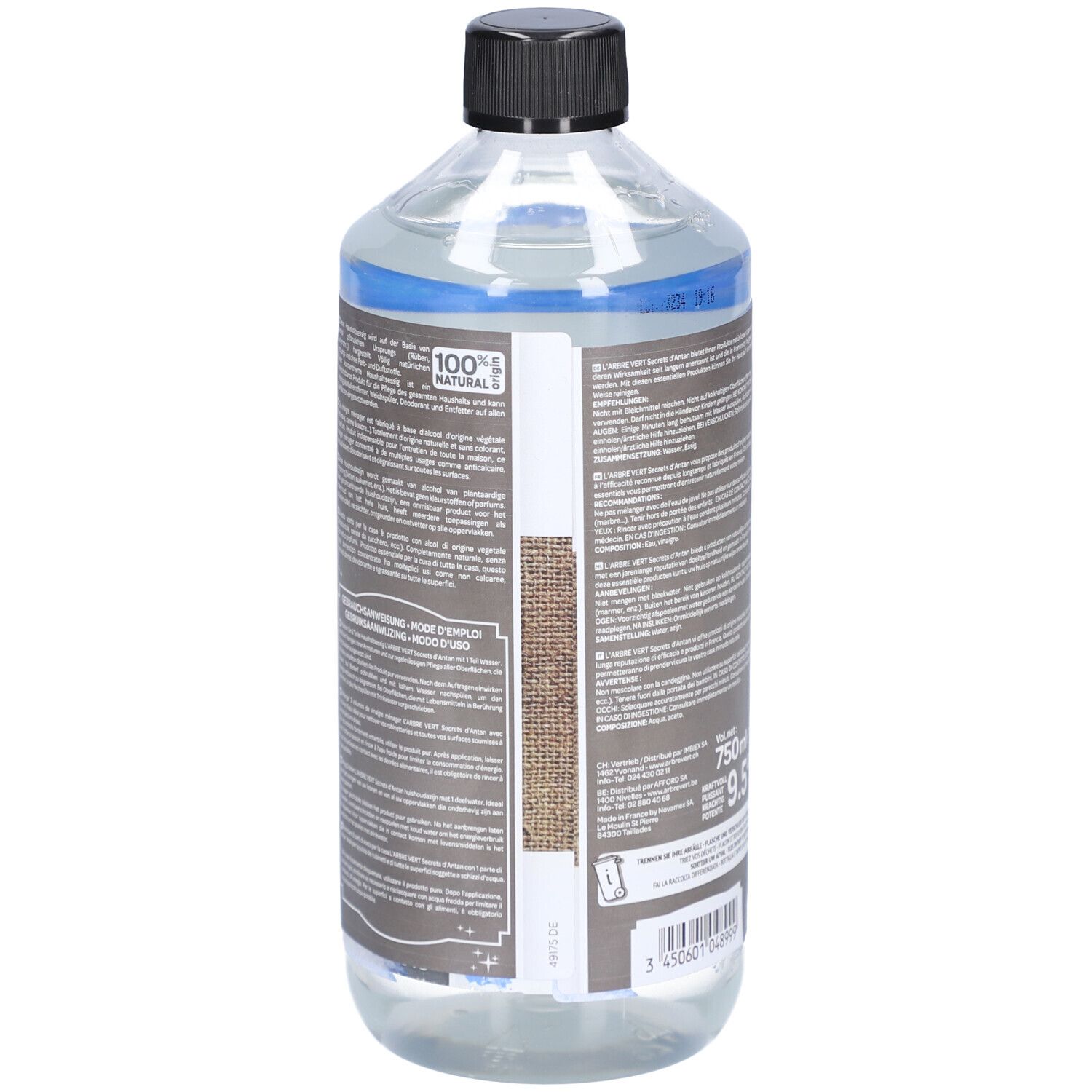 Vue arrière d'une bouteille transparente avec bouchon noir. Étiquette avec texte et code-barres. Mode d'emploi.