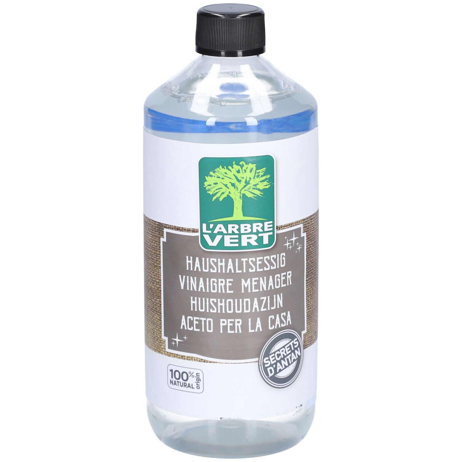 Bouteille transparente avec bouchon noir. Étiquette avec logo et texte: HAUSHALTSESSIG. Secrets d'antan.