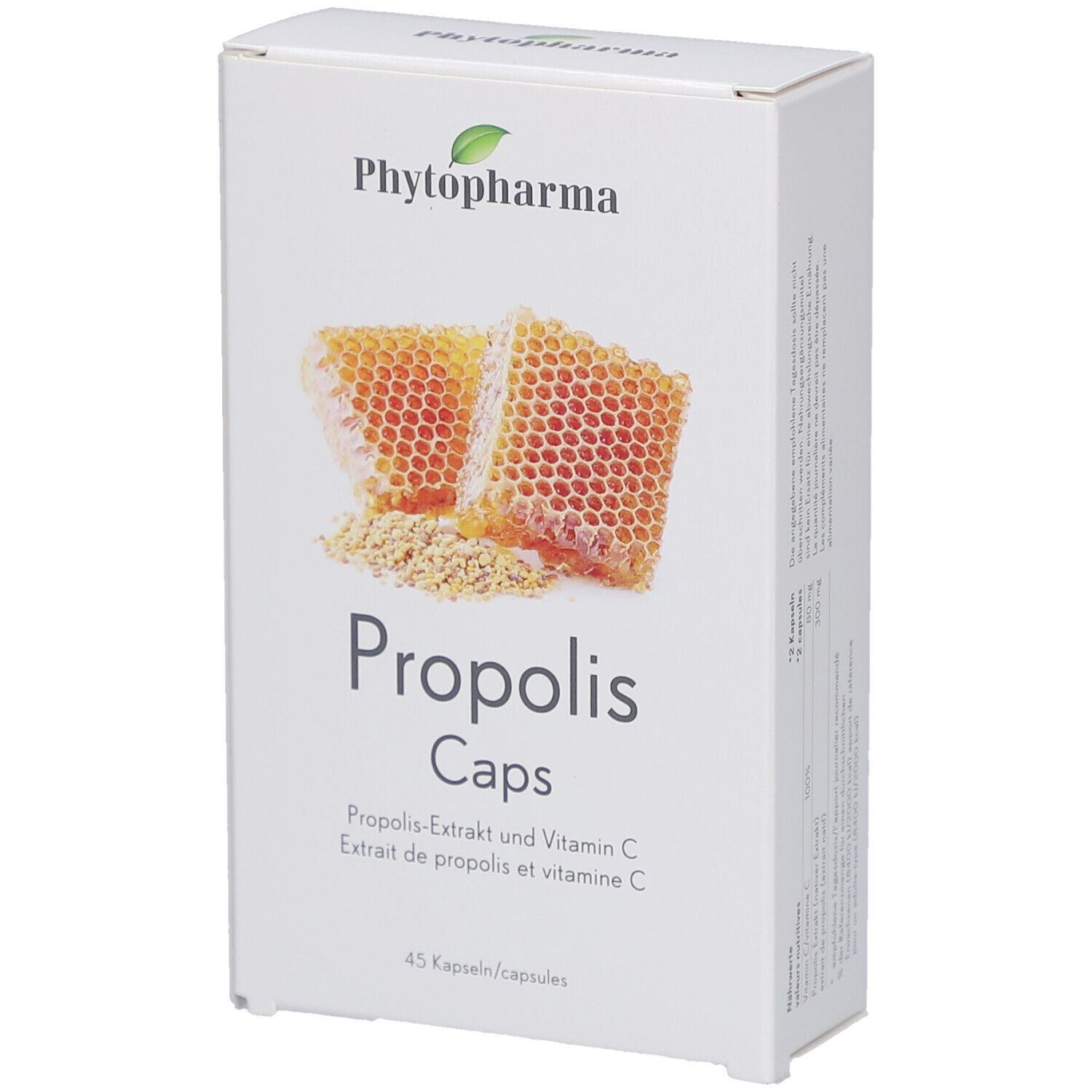 Boîte blanche avec logo "Phytopharma" et illustration de rayons de miel. Inscription "Propolis" en dessous. 45 gélules.