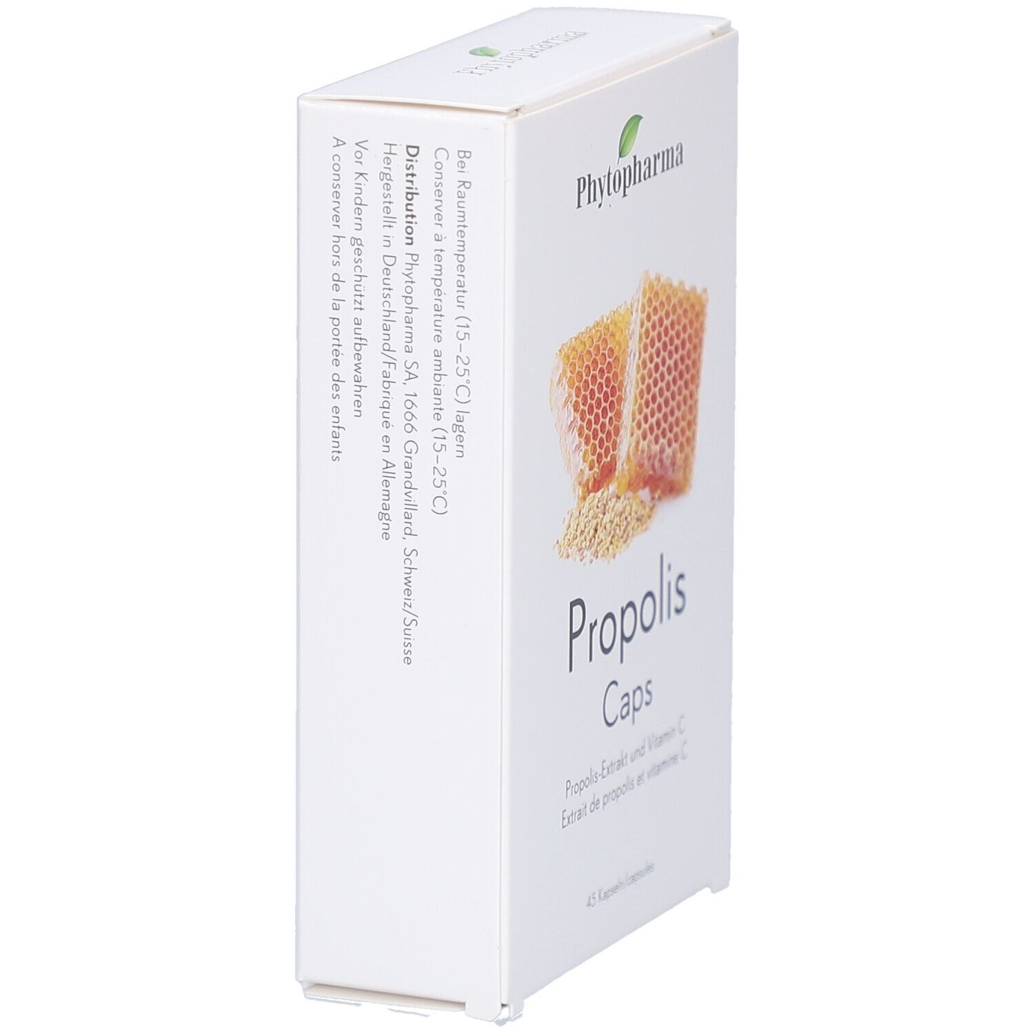 Boîte blanche avec logo "Phytopharma". Vue latérale avec texte : distribution, stockage et avertissement enfants.