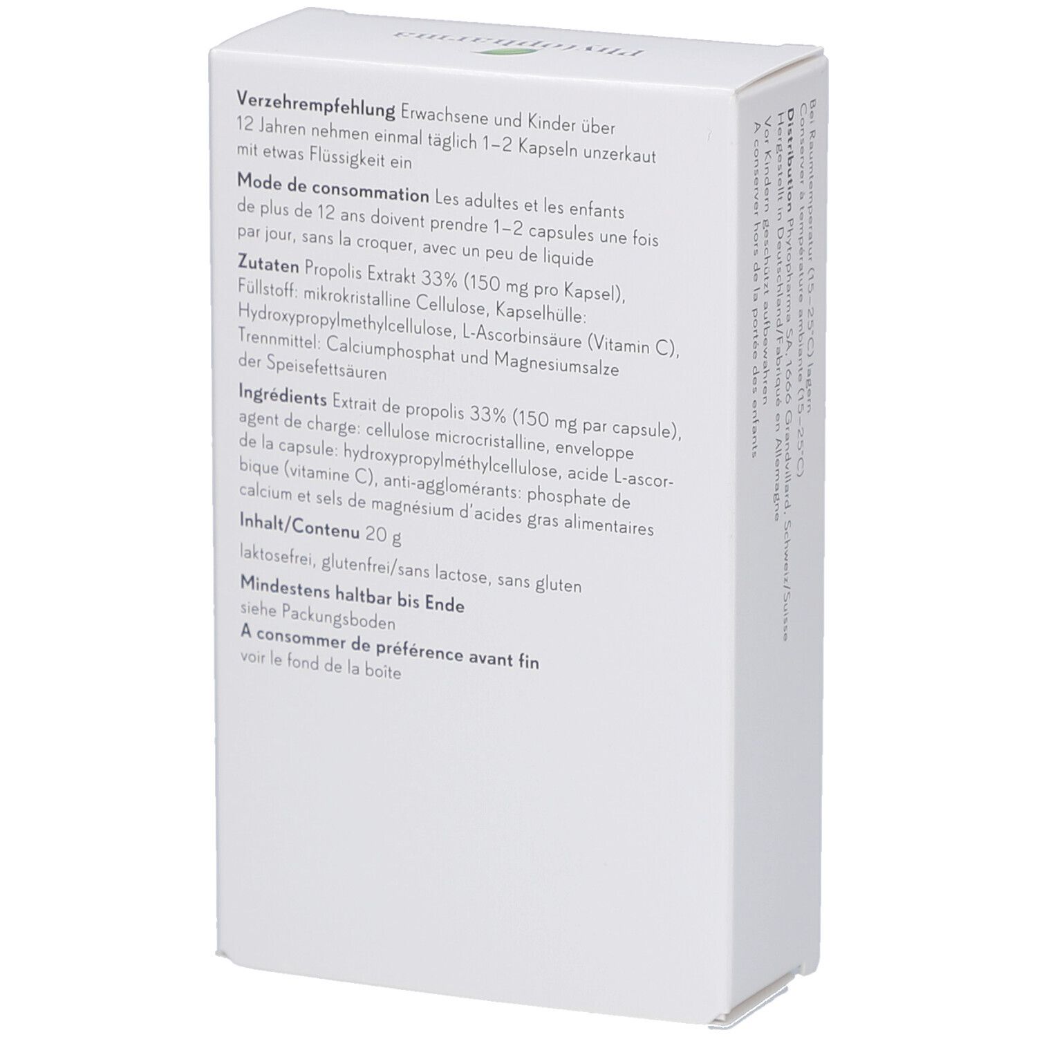 Boîte blanche avec texte. Recommandations, ingrédients, contenu 20g, à consommer de préférence avant fin.