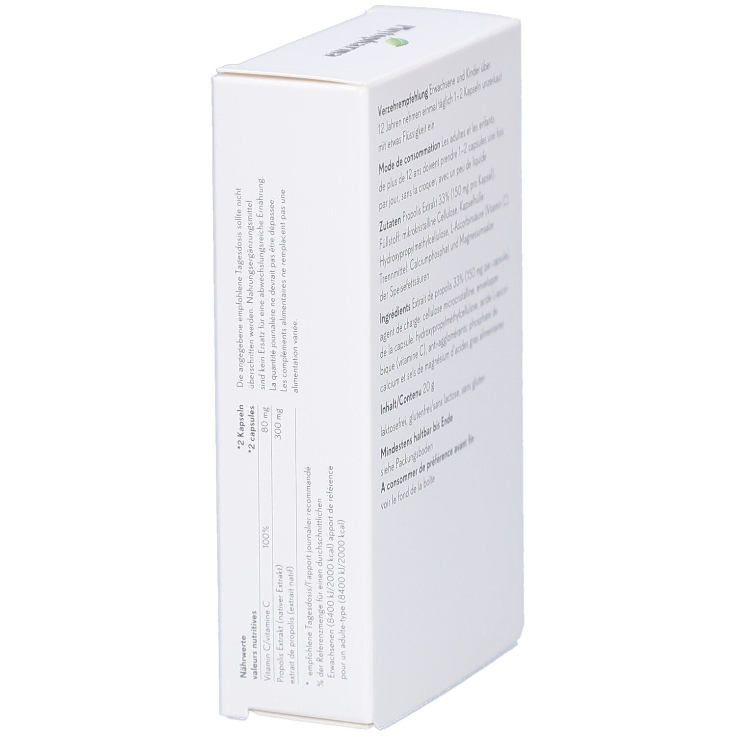 Boîte blanche avec texte. Informations nutritionnelles, recommandations, ingrédients.