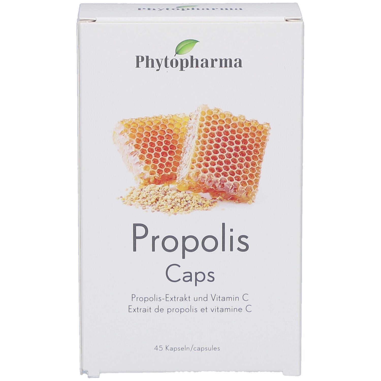 Boîte blanche avec logo "Phytopharma" et illustration de rayons de miel. Inscription "Propolis" en dessous. 45 gélules.