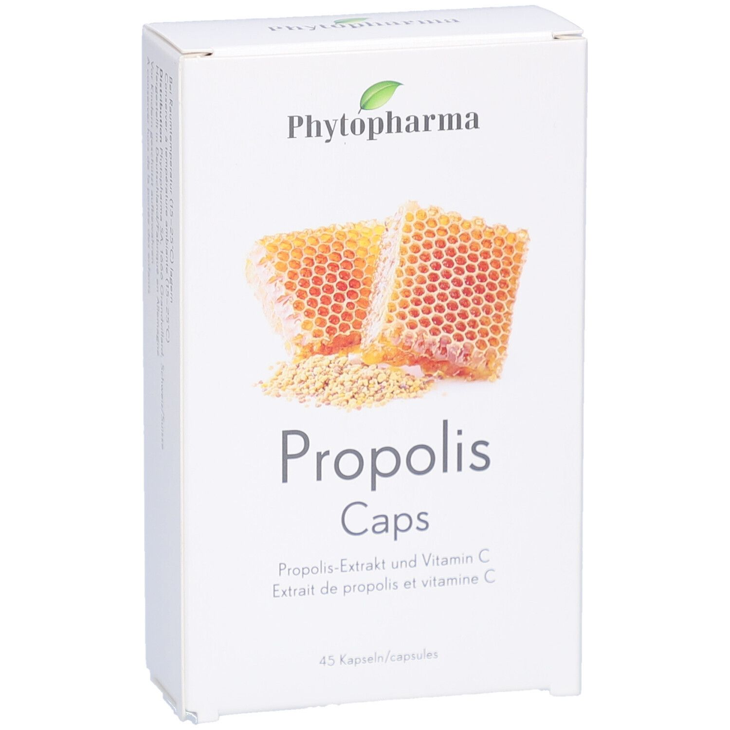 Boîte blanche avec logo "Phytopharma" et illustration de rayons de miel. Inscription "Propolis" en dessous. 45 gélules.