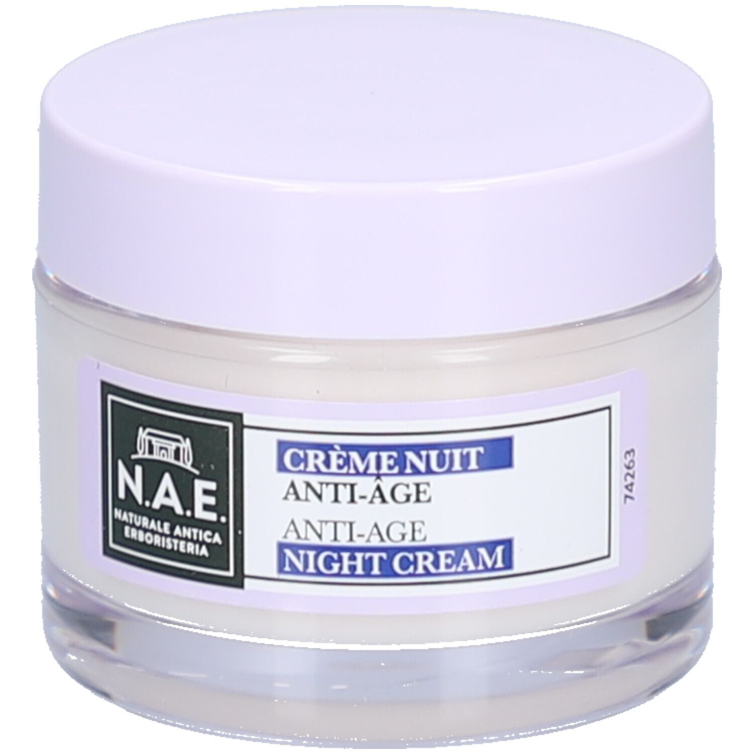 Pot de crème de nuit anti-âge, couvercle lilas. Étiquette avec logo et texte: Crème Nuit Anti-Âge Night Cream.