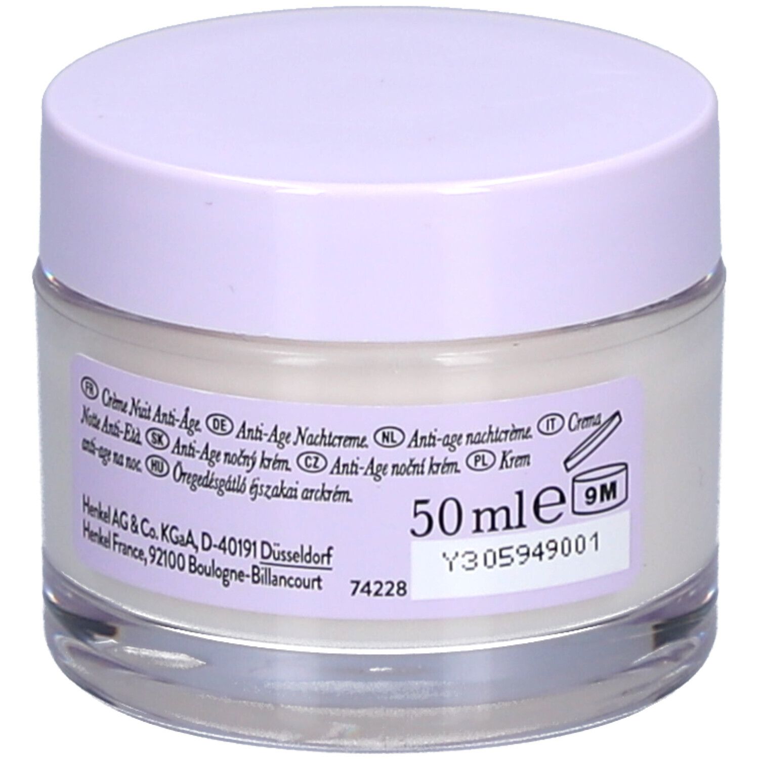 Pot de crème avec couvercle lilas. Étiquette avec texte: Crème Nuit Anti-Âge, 50 ml, 9M. Informations fabricant.