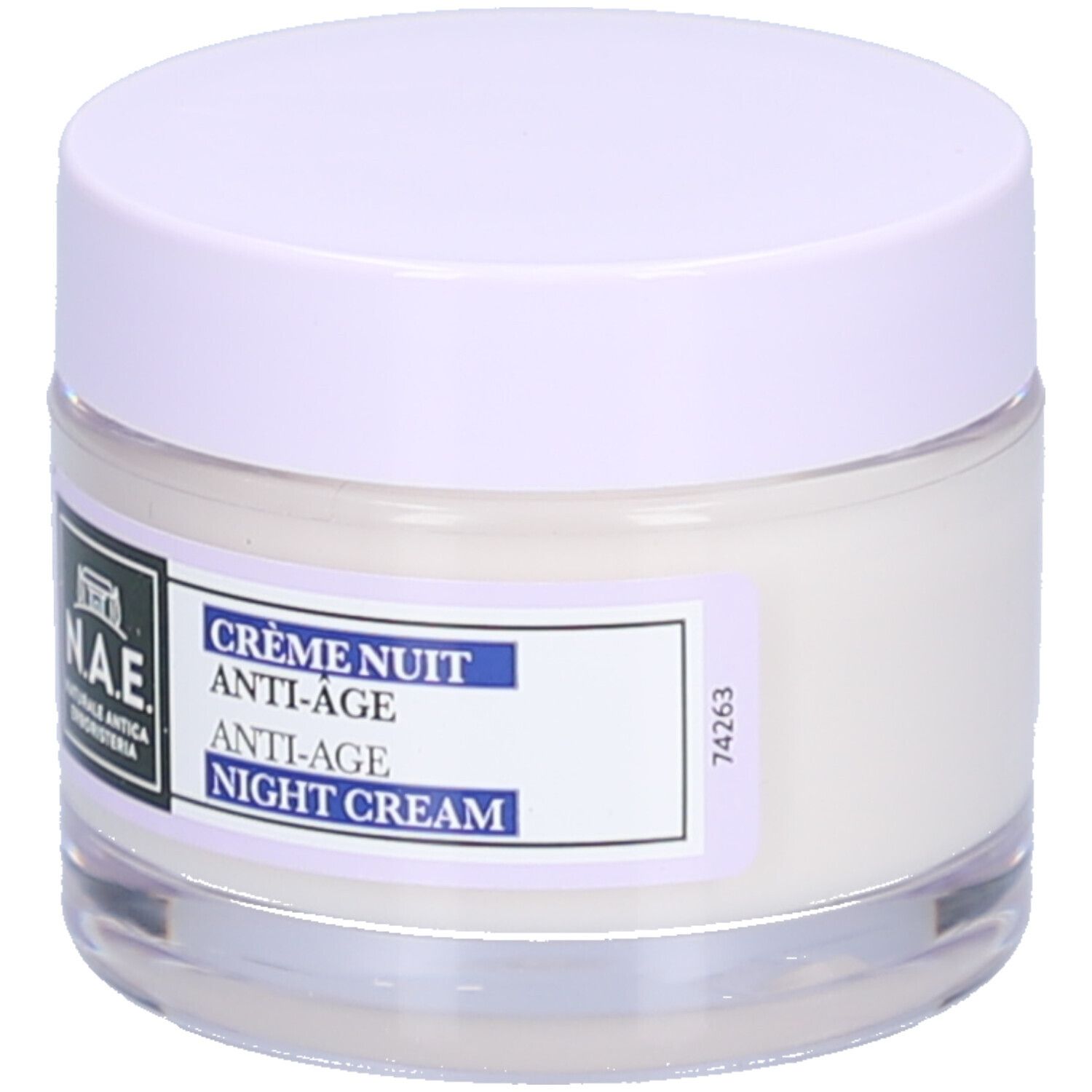 Pot de crème avec couvercle lilas. Étiquette avec logo et texte: Crème Nuit Anti-Âge Night Cream.