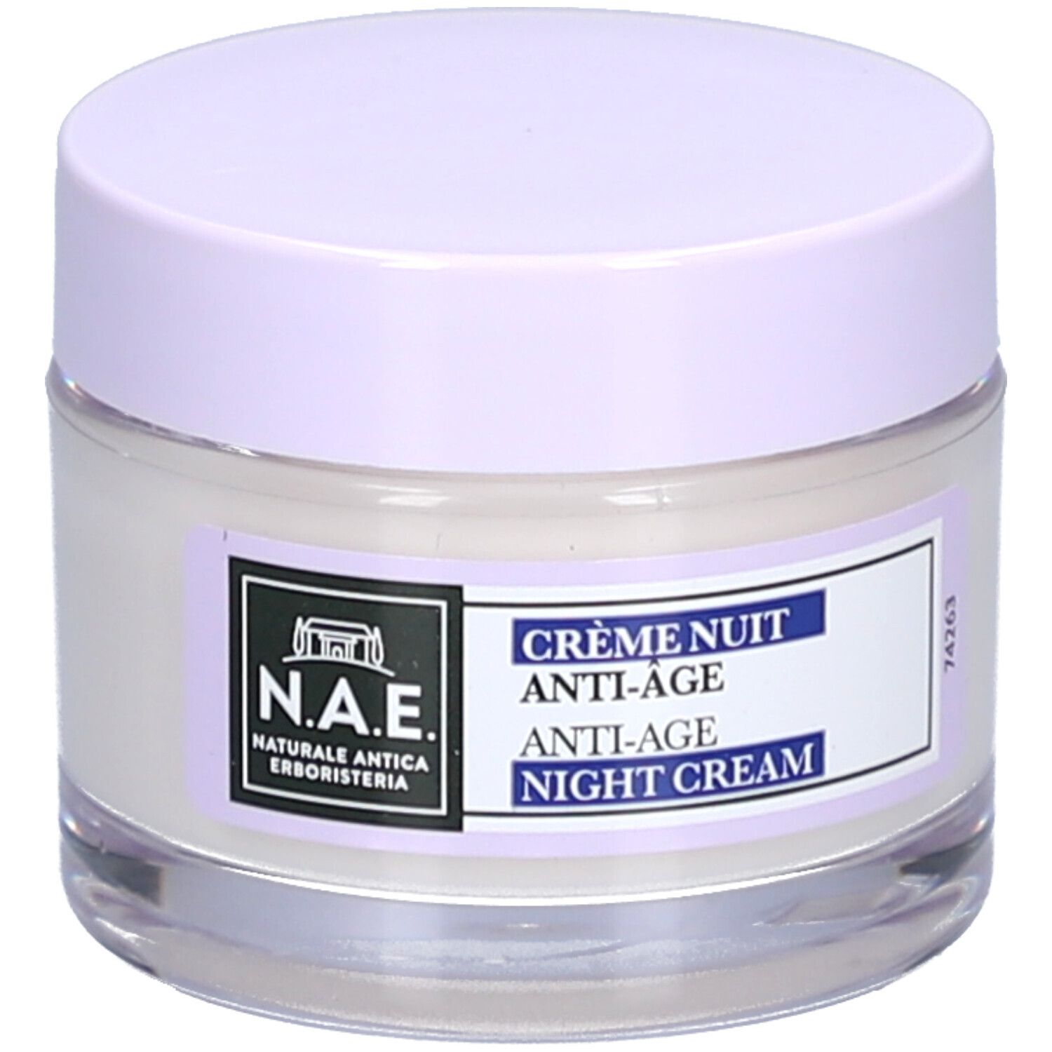 Pot de crème avec couvercle lilas. Étiquette avec logo et texte: Crème Nuit Anti-Âge Night Cream.