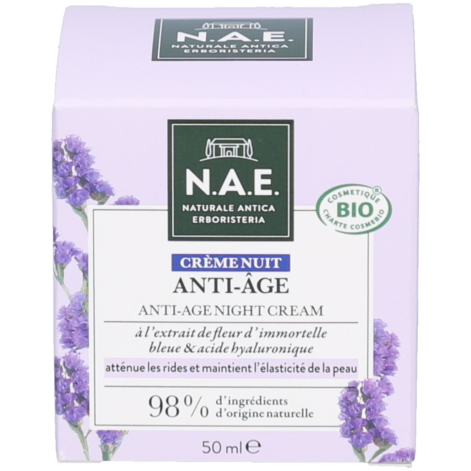 Boîte avec texte: Crème Nuit Anti-Âge Night Cream. Certification bio. 98% ingrédients d'origine naturelle.