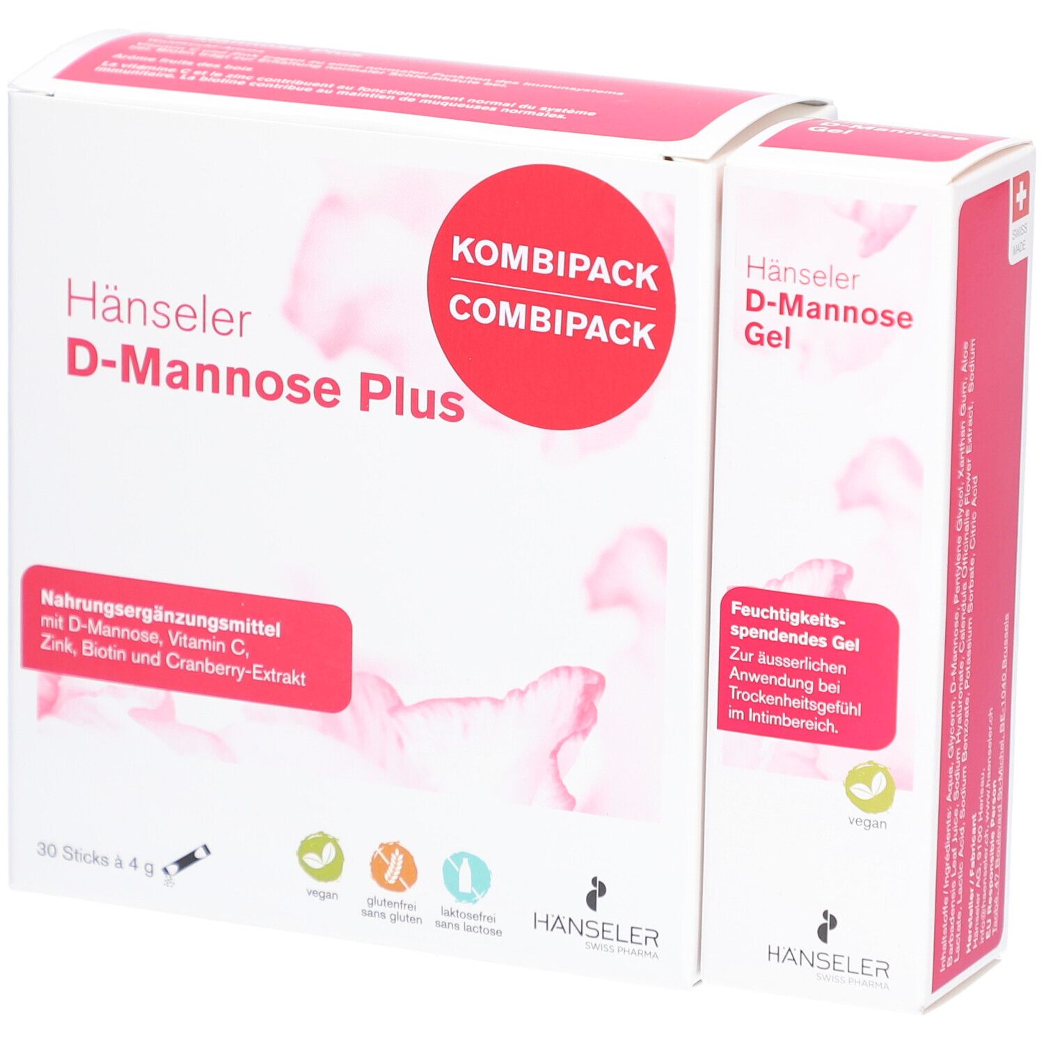 Pack combiné "Hänseler D-Mannose Plus" et "Hänseler D-Mannose Gel". Emballages blanc et rose.
