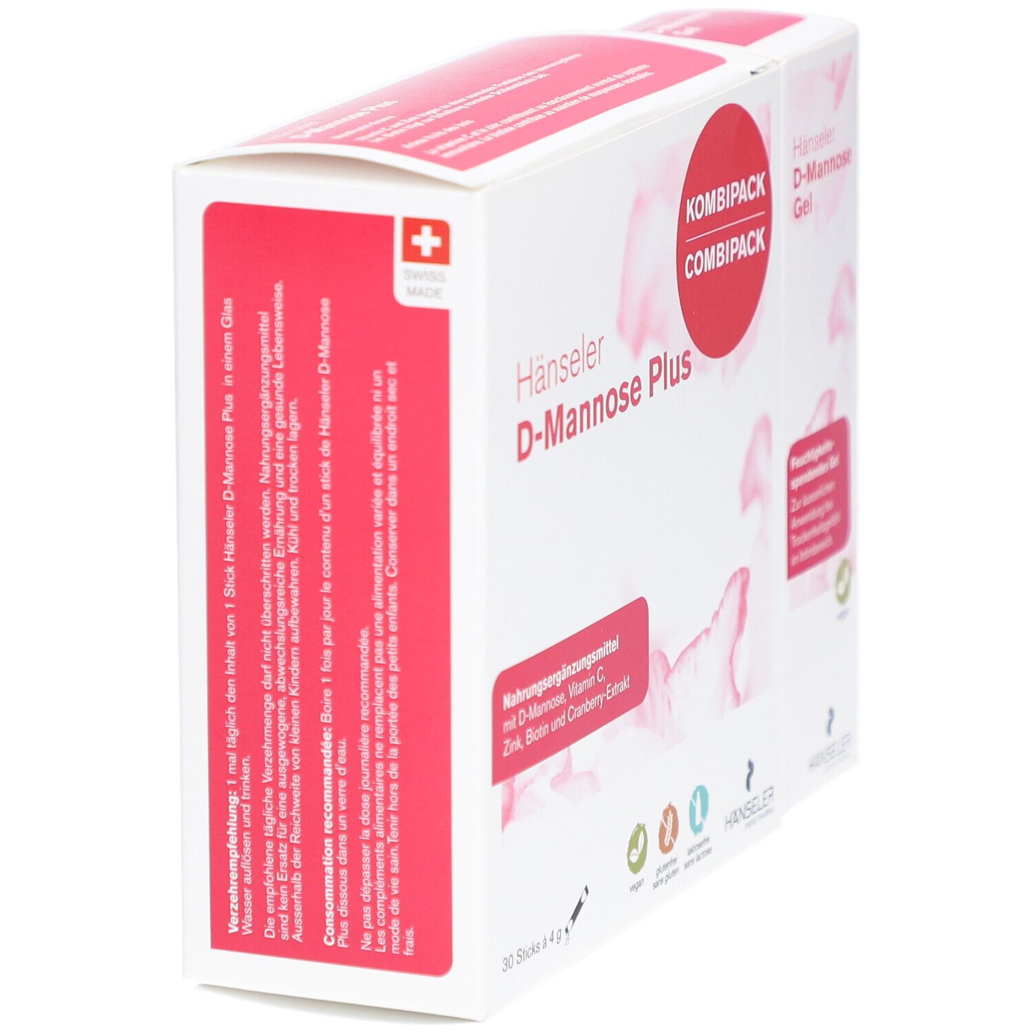 Vue latérale du pack combiné "Hänseler D-Mannose Plus". Accents roses, texte et croix suisse.