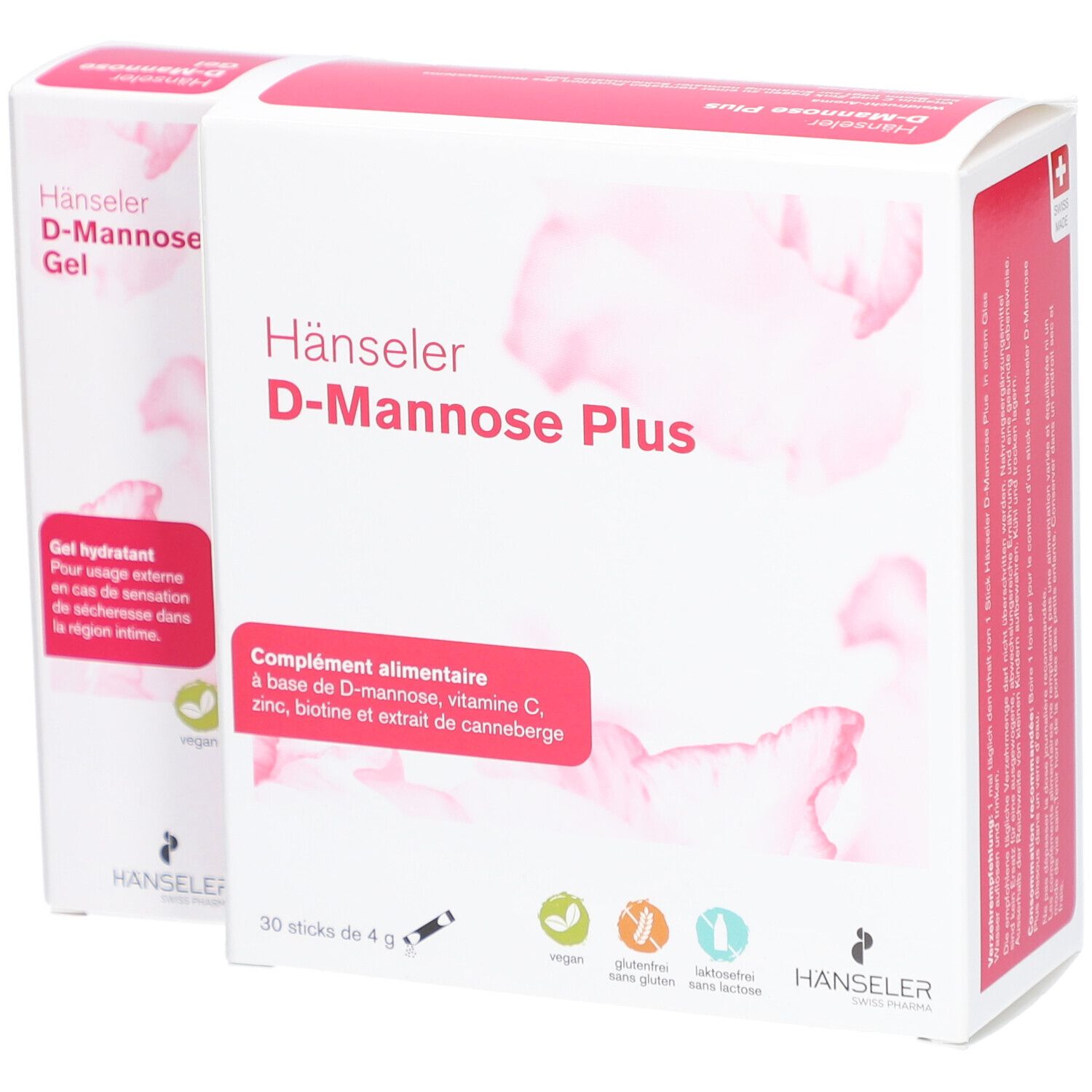 Deux boîtes "Hänseler D-Mannose Plus". Une avec texte "Gel hydratant", l'autre "Complément alimentaire".