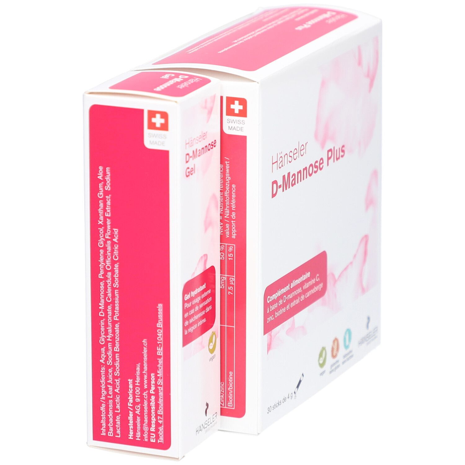 Paquet "Hänseler D-Mannose Plus" et "D-Mannose Gel". Texte et croix suisse.