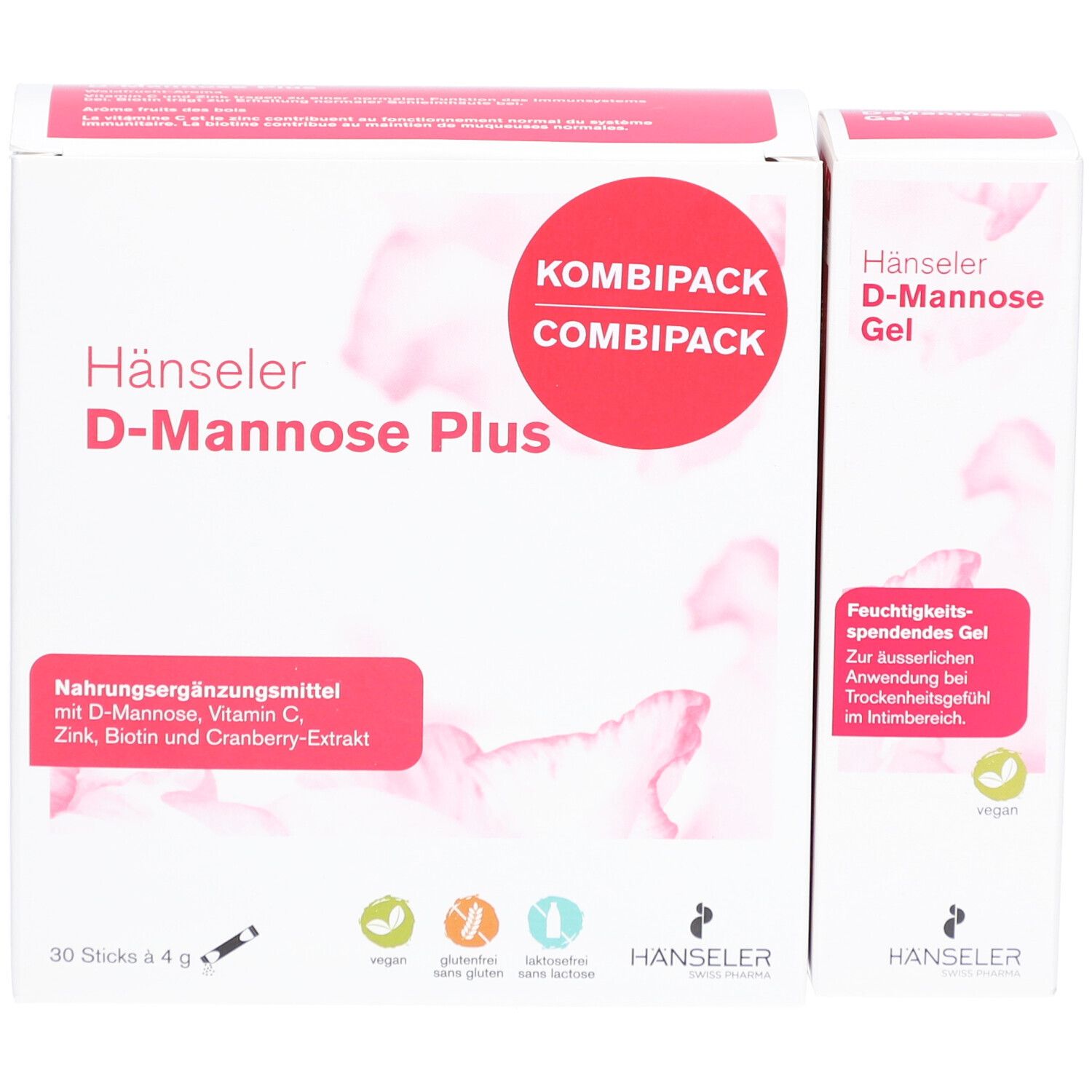 Pack combiné "Hänseler D-Mannose Plus" et "D-Mannose Gel". Emballages blanc et rose.
