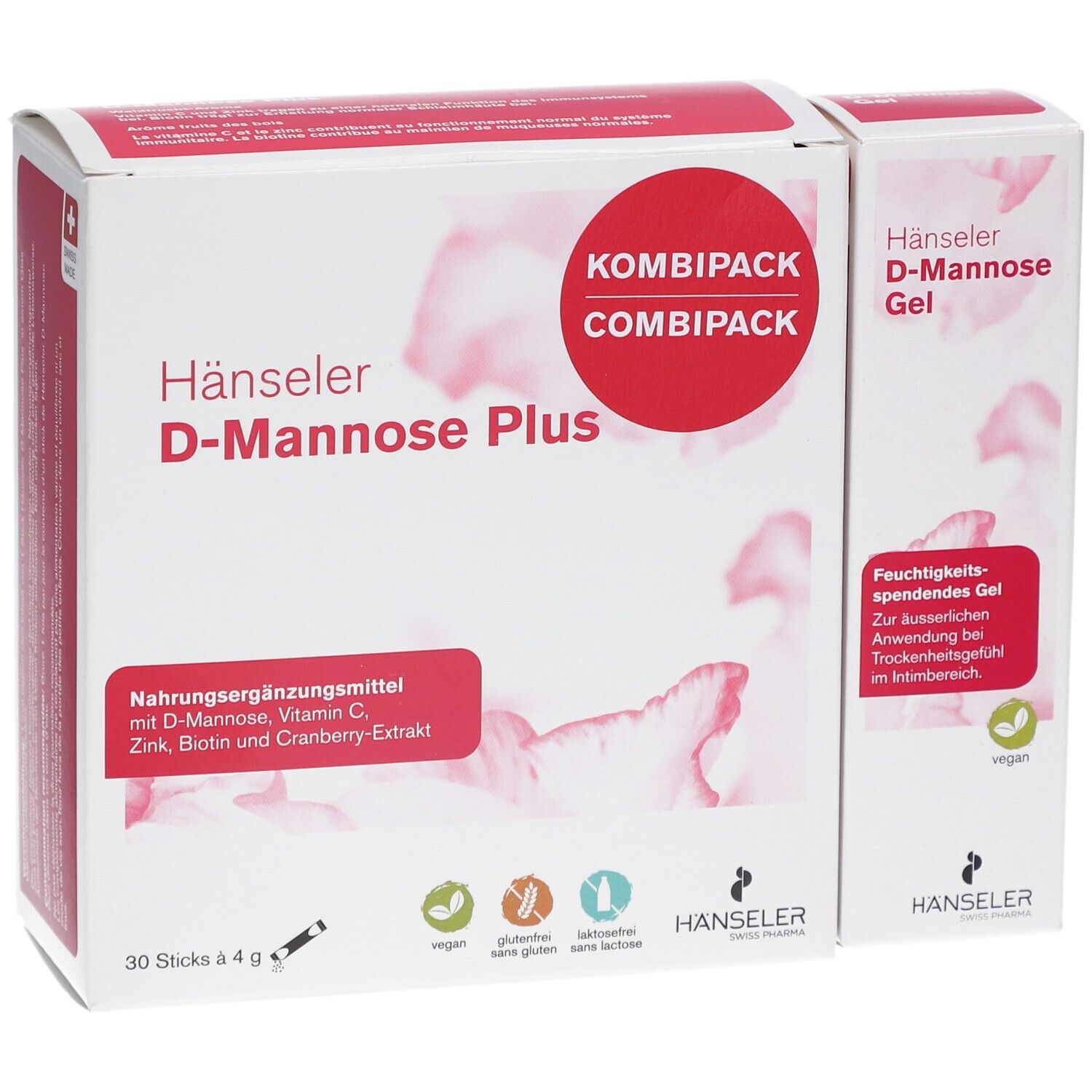 Pack combiné "Hänseler D-Mannose Plus" et "D-Mannose Gel". Emballages blanc et rose.