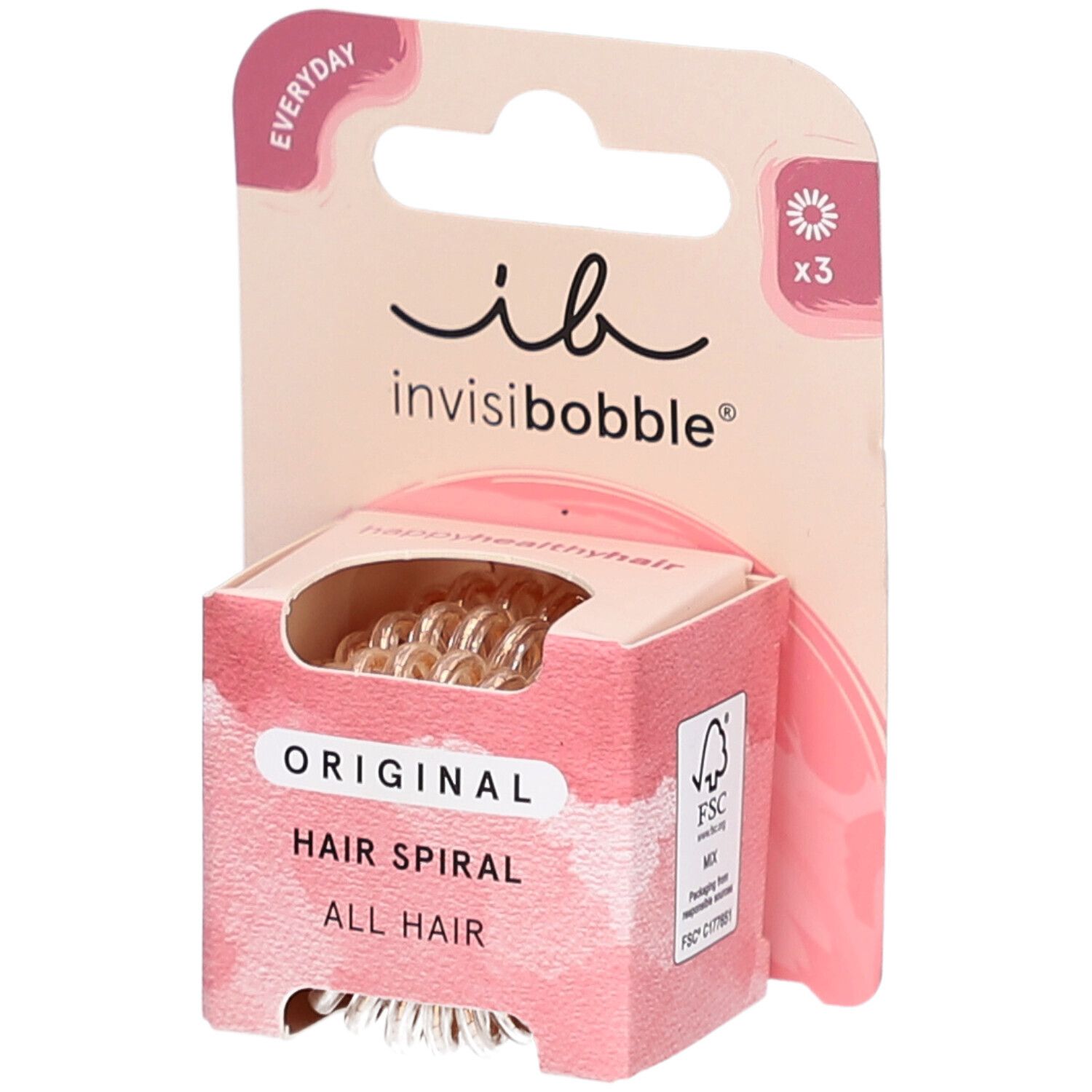 Emballage de 3 élastiques spirales. Marque: invisibobble. Texte: Original Hair Spiral.