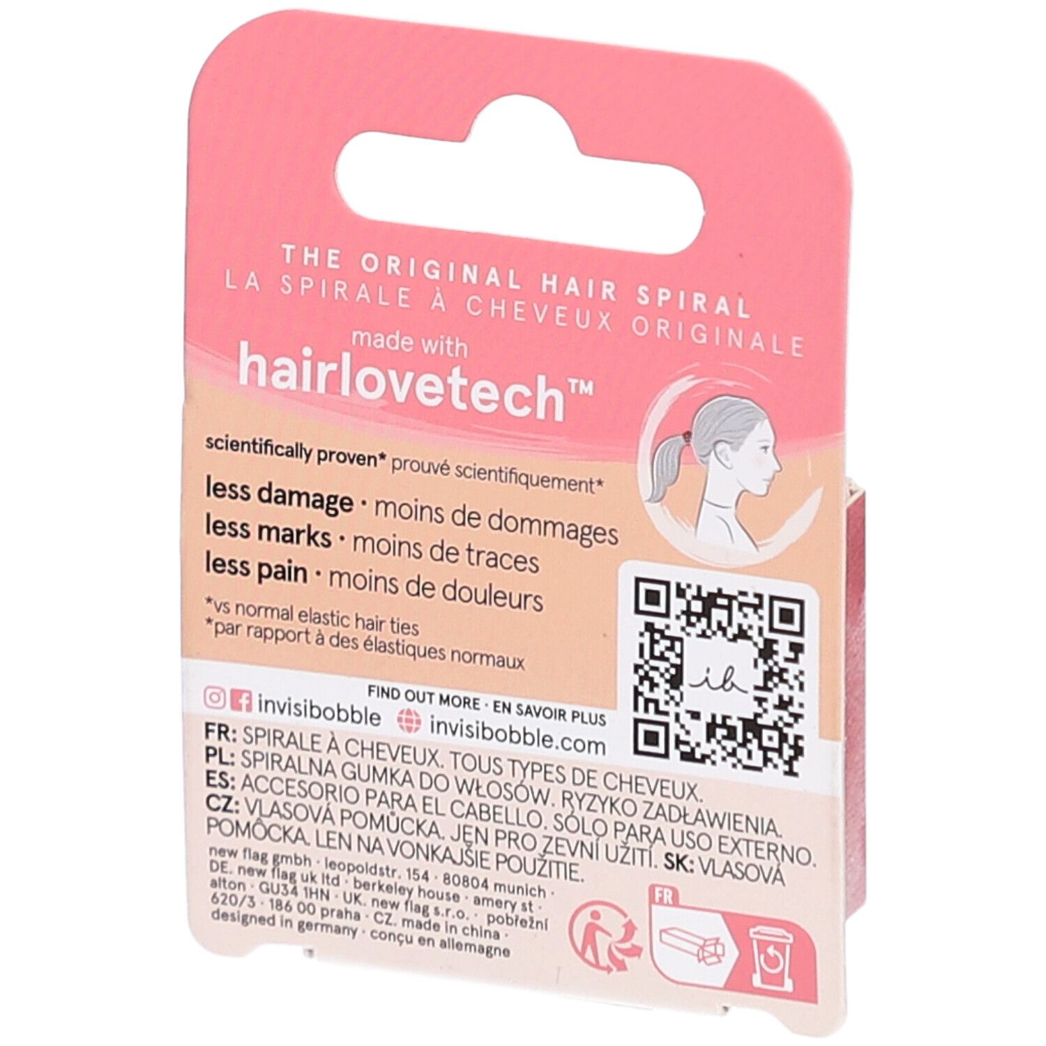 Dos de l'emballage. Texte: The Original Hair Spiral. Informations sur hairlovetech. Code QR.