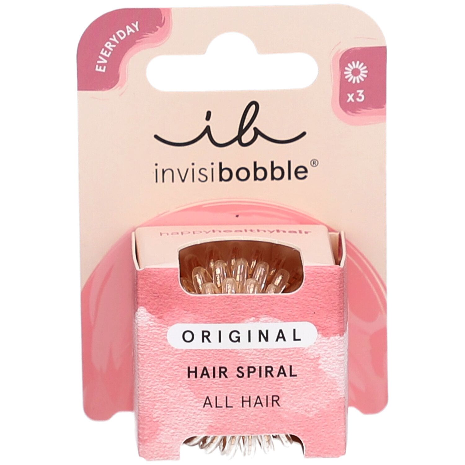 Emballage de 3 élastiques spirales. Marque: invisibobble. Texte: Original Hair Spiral.