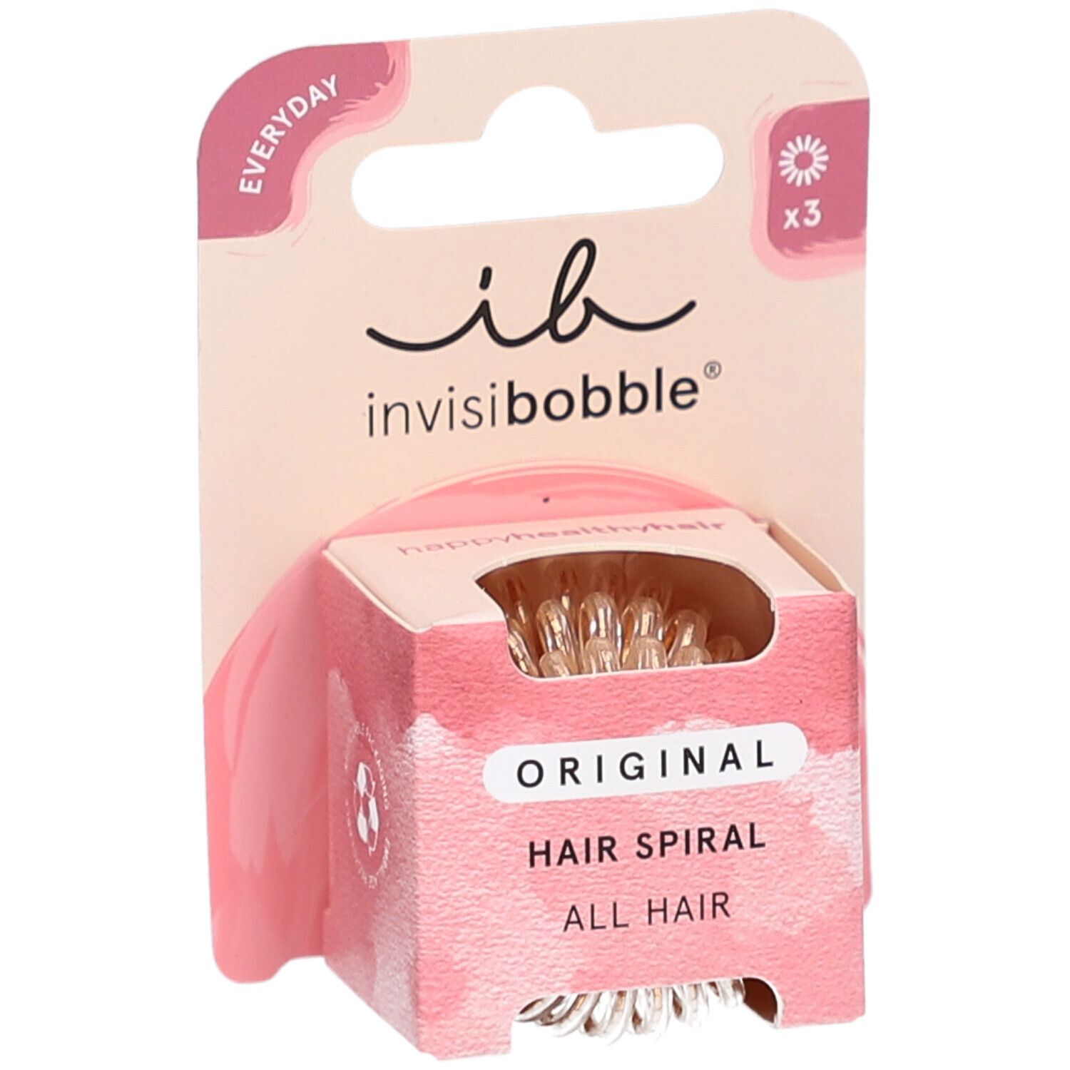 Emballage de 3 élastiques spirales. Marque: invisibobble. Texte: Original Hair Spiral.