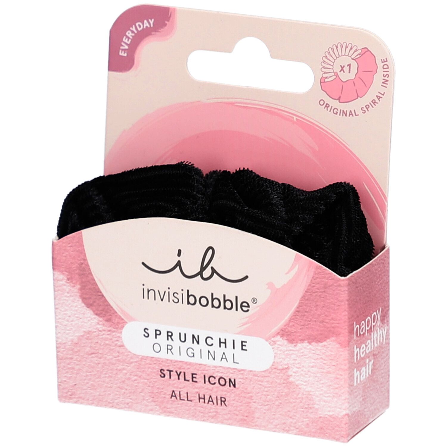 Sprunchie INVISIBOBBLE noir dans son emballage. Boîte rose avec nom et logo du produit. "Original Spiral Inside".