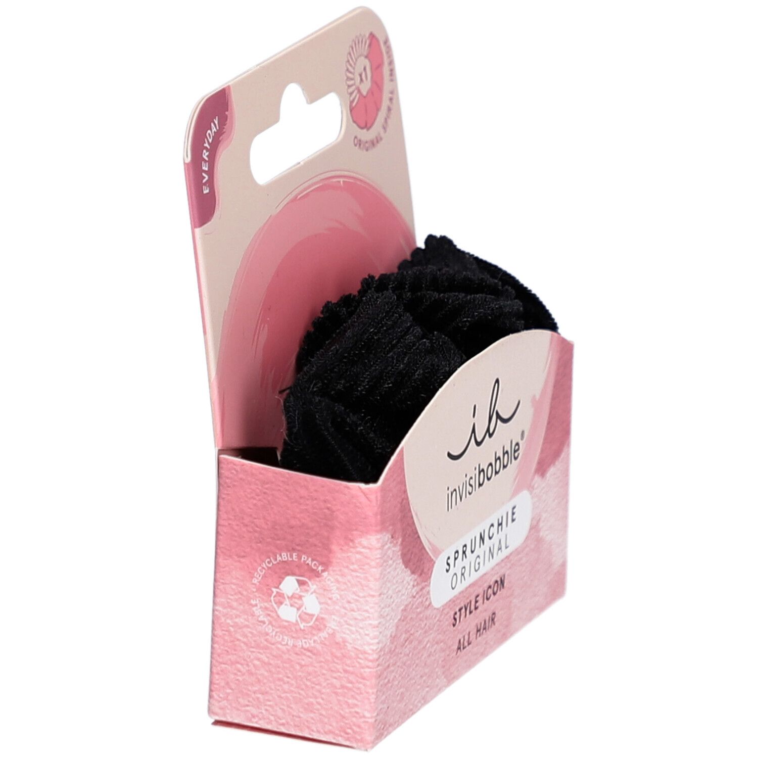 Sprunchie INVISIBOBBLE noir en emballage ouvert. Boîte rose avec logo et nom du produit. Symbole de recyclage.