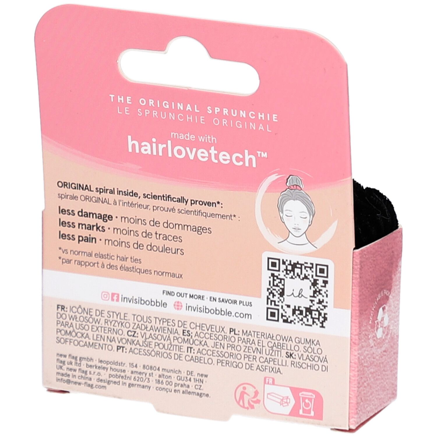 Dos de l'emballage INVISIBOBBLE. Texte : "hairlovetech". Informations sur les avantages et code QR. Texte multilingue.