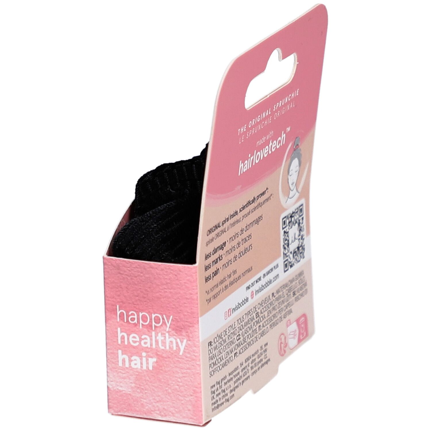 Emballage INVISIBOBBLE ouvert. Dos avec texte "hairlovetech". Boîte rose avec logo et nom du produit.
