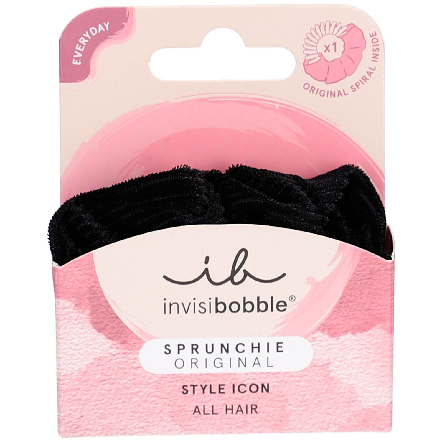 Sprunchie INVISIBOBBLE noir dans son emballage. Boîte rose avec nom et logo du produit. "Original Spiral Inside".