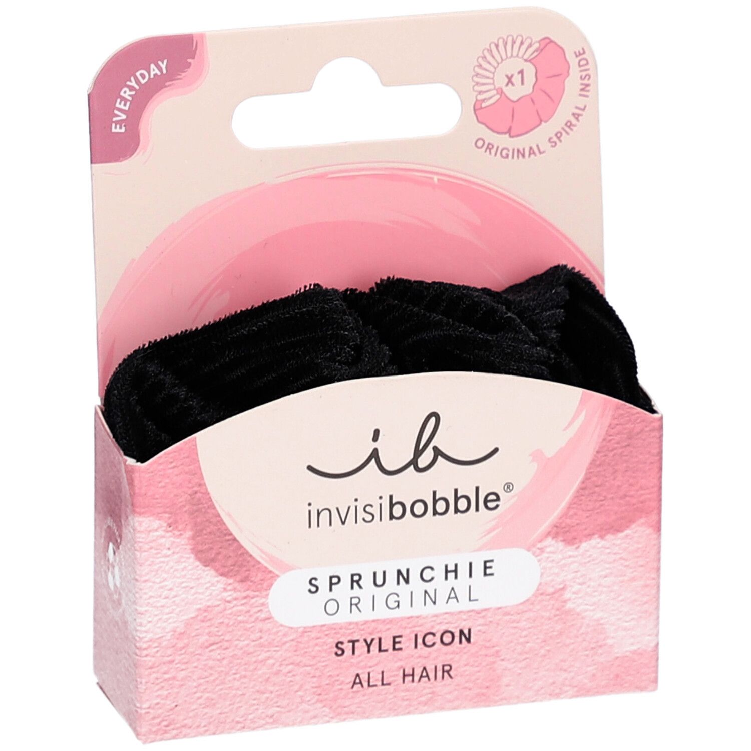 Sprunchie INVISIBOBBLE noir dans son emballage. Boîte rose avec nom et logo du produit. "Original Spiral Inside".
