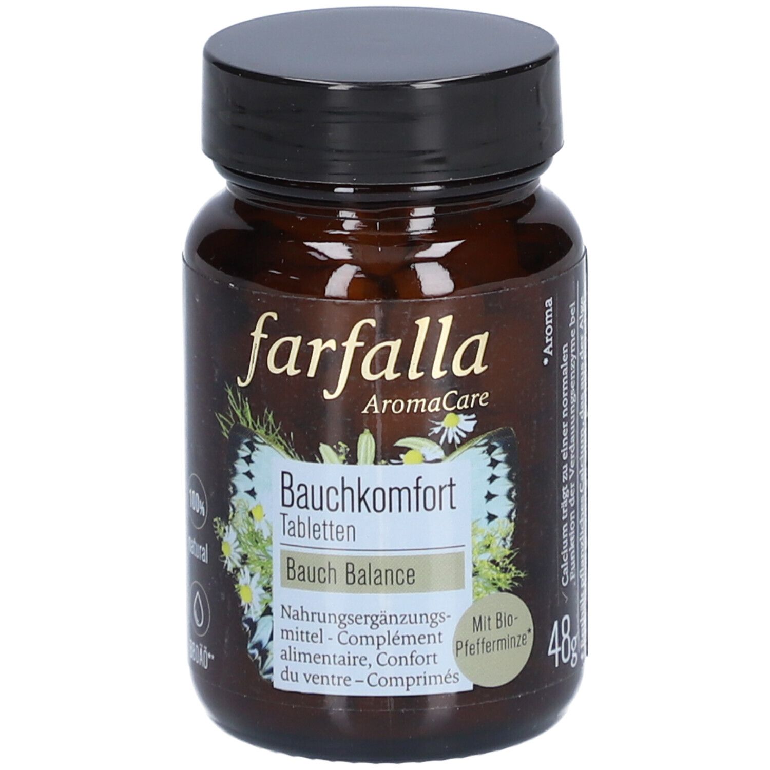 Flacon de comprimés brun avec couvercle noir. Inscription : farfalla AromaCare Bauchkomfort Tabletten. 48g.