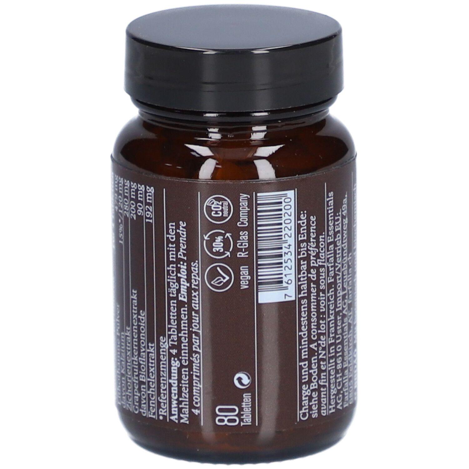 Dos du flacon de comprimés brun. Liste des ingrédients et informations sur le dosage.