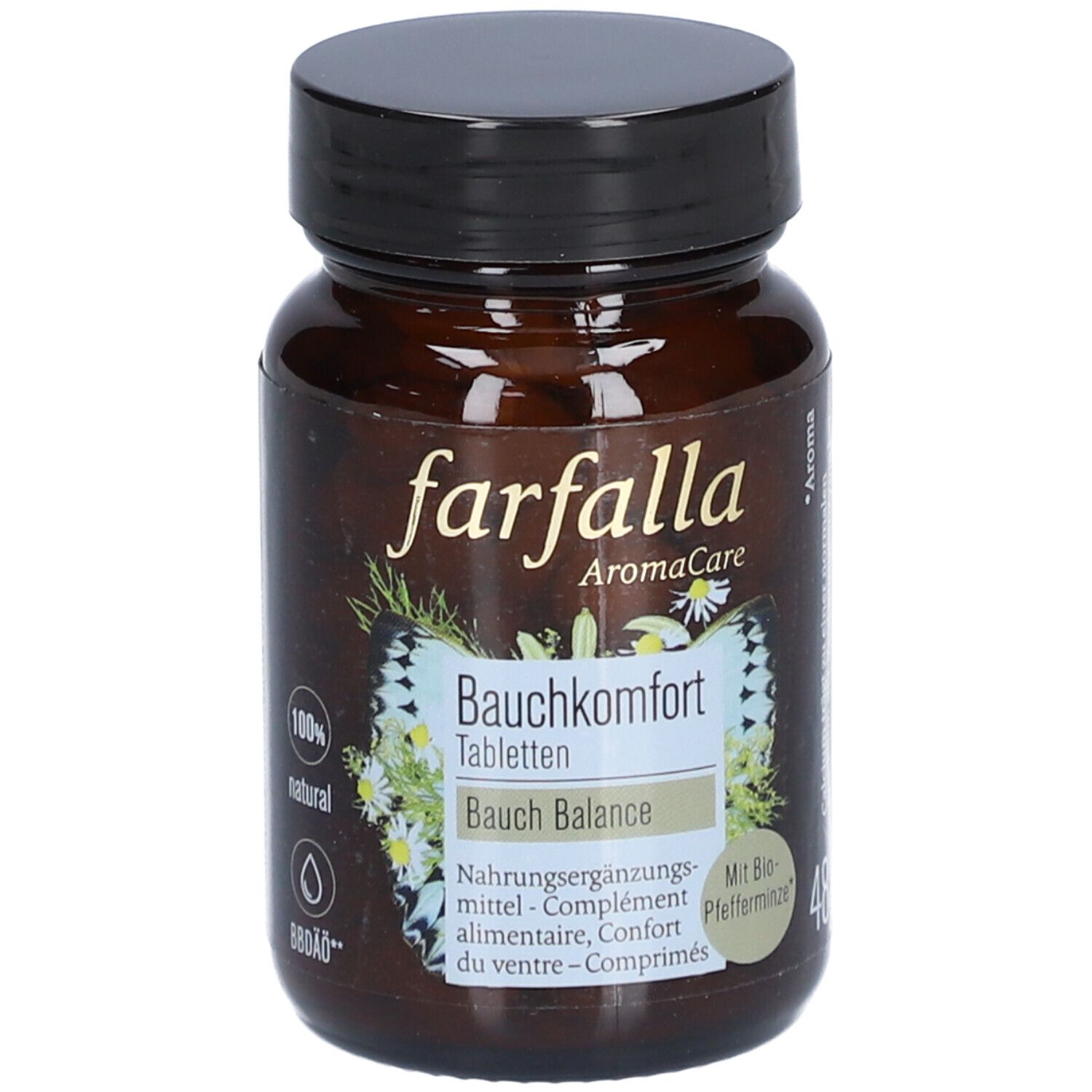Flacon de comprimés brun avec couvercle noir. Inscription : farfalla AromaCare Bauchkomfort Tabletten. 48g.