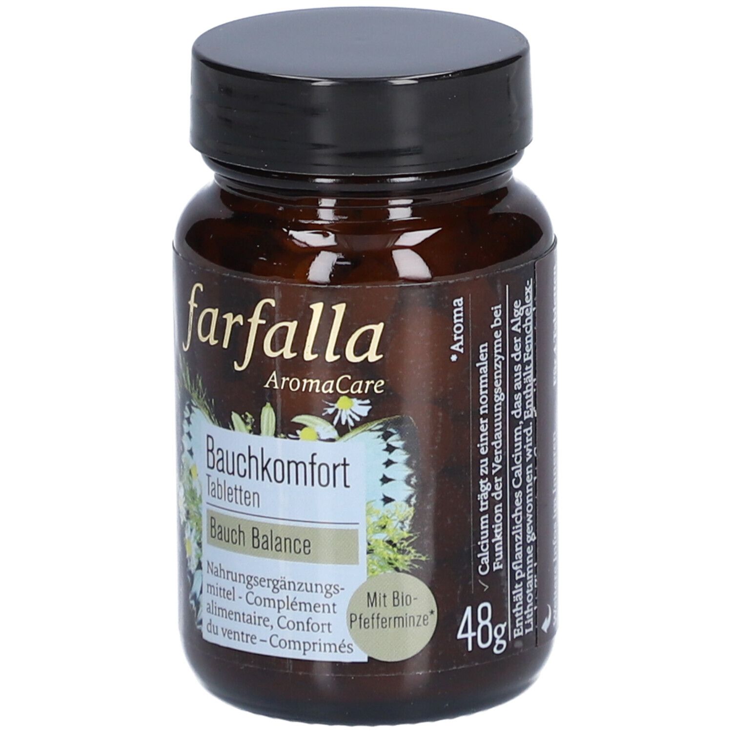 Flacon de comprimés brun avec couvercle noir. Inscription : farfalla AromaCare Bauchkomfort Tabletten. 48g.