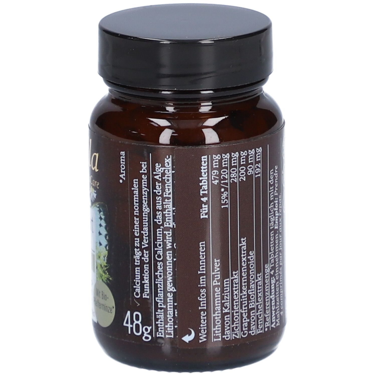 Dos du flacon de comprimés brun. Liste des ingrédients et informations sur le dosage. 48g.