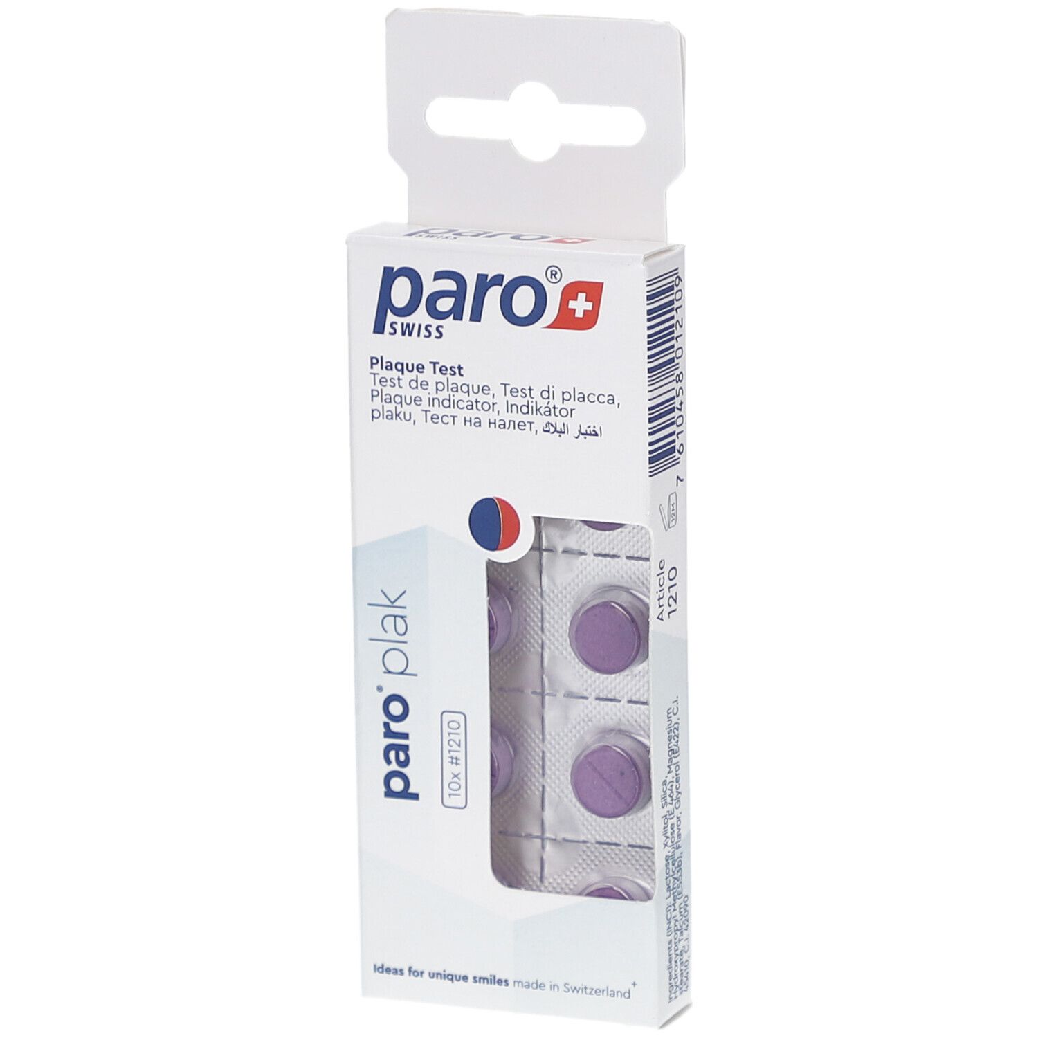 Emballage de paro® Plaque Test. Comprimés en blister visibles. Inscriptions: paro®, Plaque Test, 10x #1210.