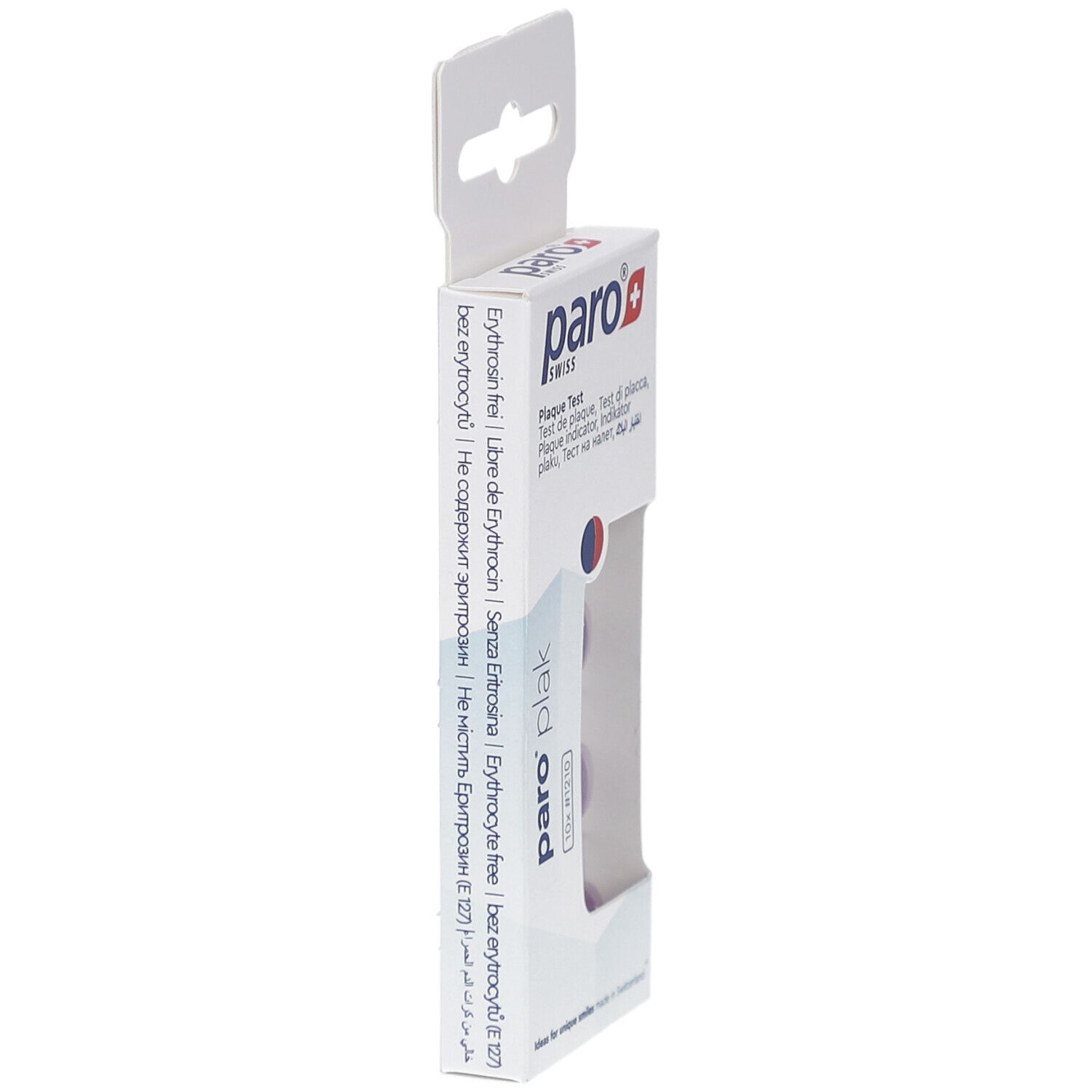 Vue latérale de l'emballage paro® Plaque Test. Texte: paro®, Plaque Test, ingrédients, numéro de lot, informations fabricant.