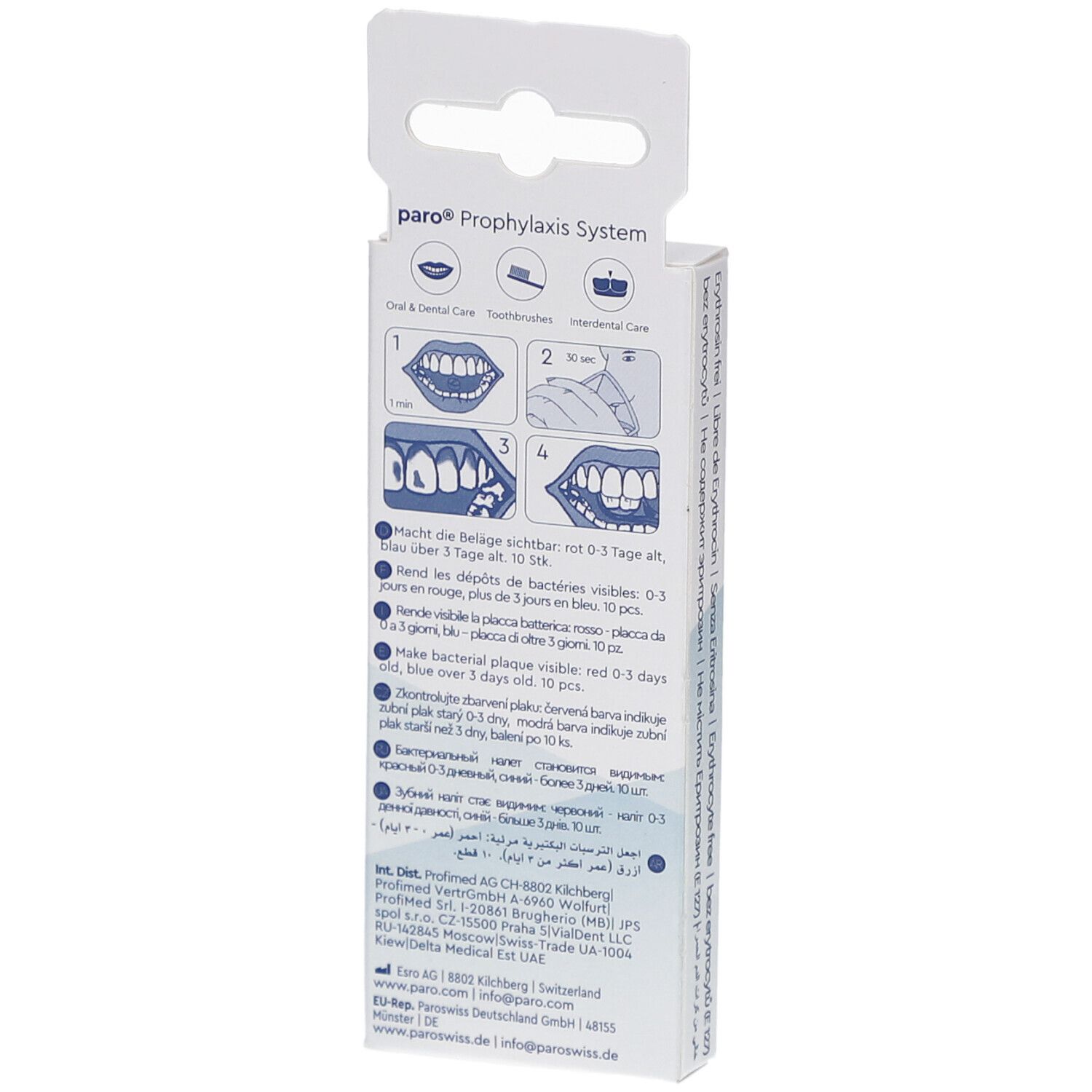 Dos de l'emballage paro® Plaque Test. Instructions graphiques d'utilisation. Texte: paro®, Prophylaxis System, informations fabricant.